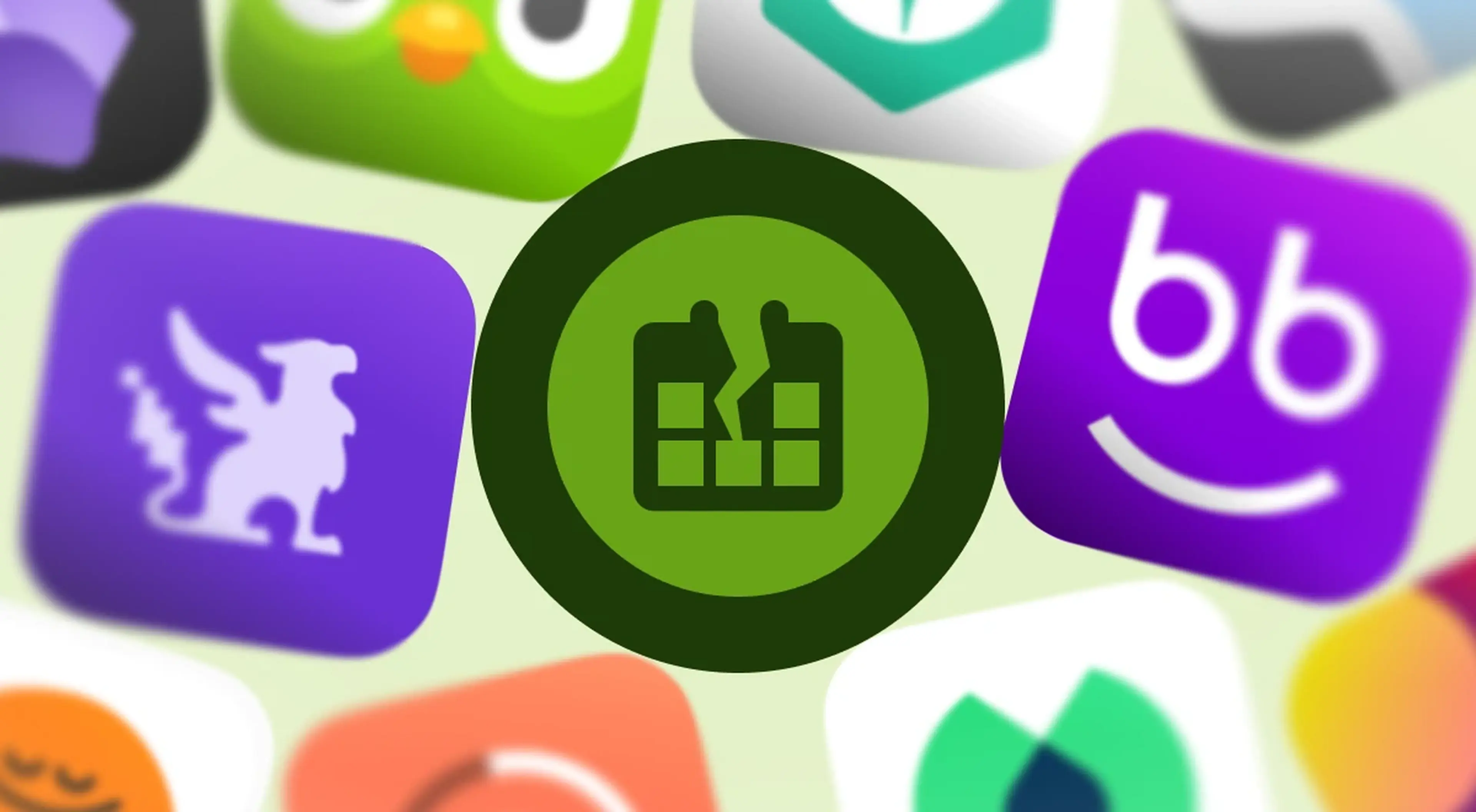 Calendar app icon centered among blurred Nibble and Habitica app icons on a light green background, featured among best apps for self-growth consistency