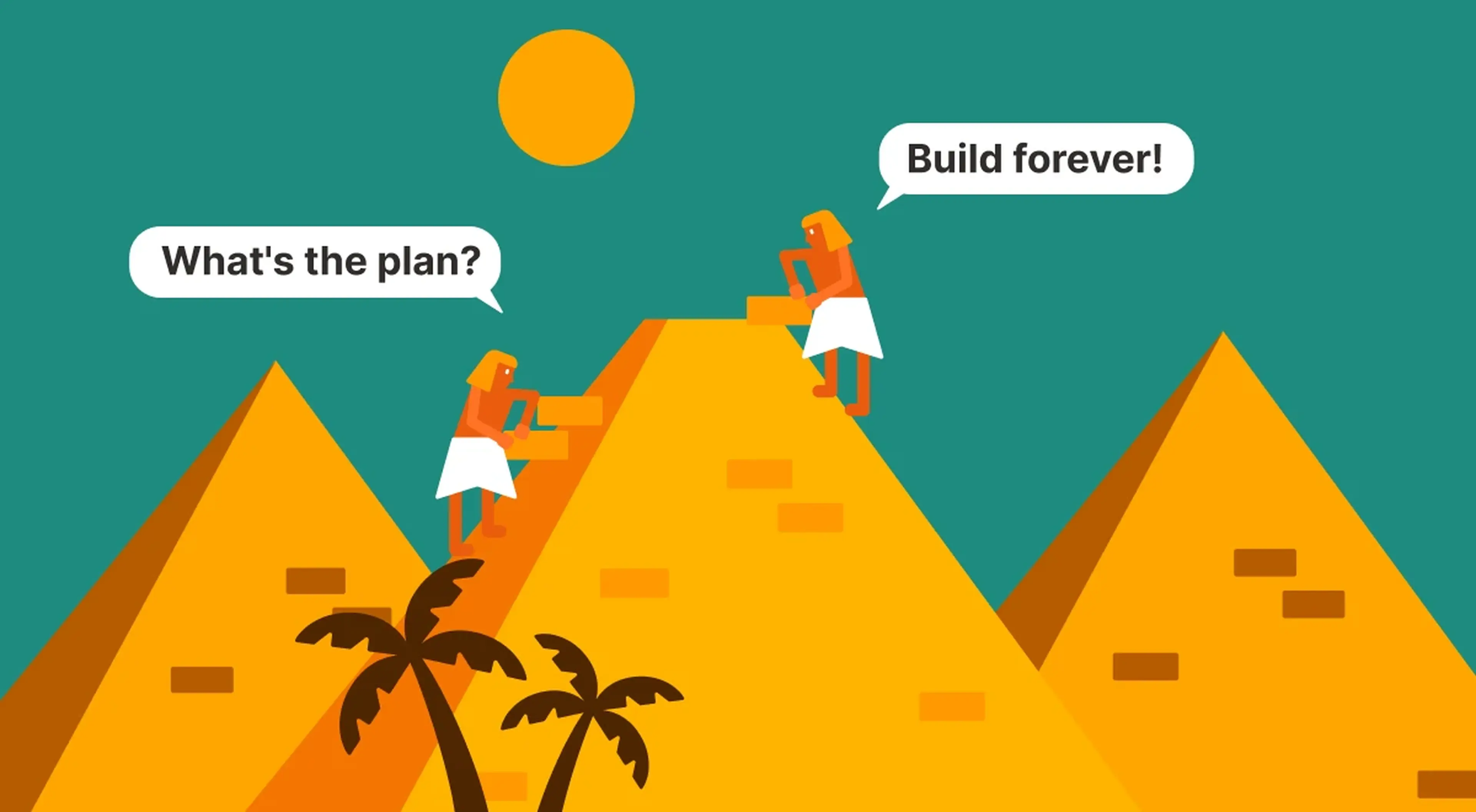 Illustrated ancient Egyptians climbing golden pyramids under a sun on teal background with speech bubbles, representing Egyptian archaeological sites and pyramid construction