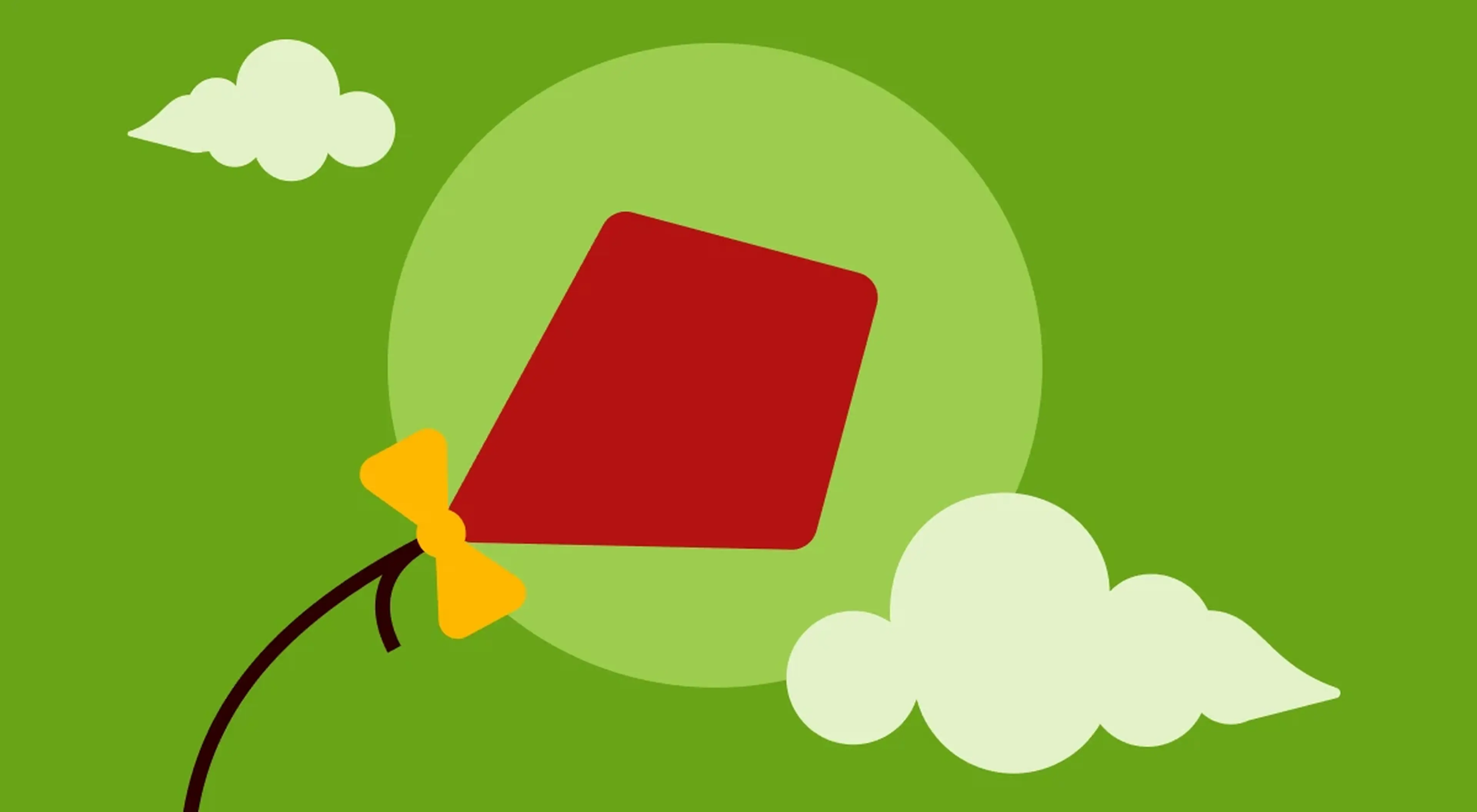 Flat illustration of a red diamond kite with a yellow bow flying among white clouds on a green background, depicting the kite as one of the most celebrated ancient Chinese inventions