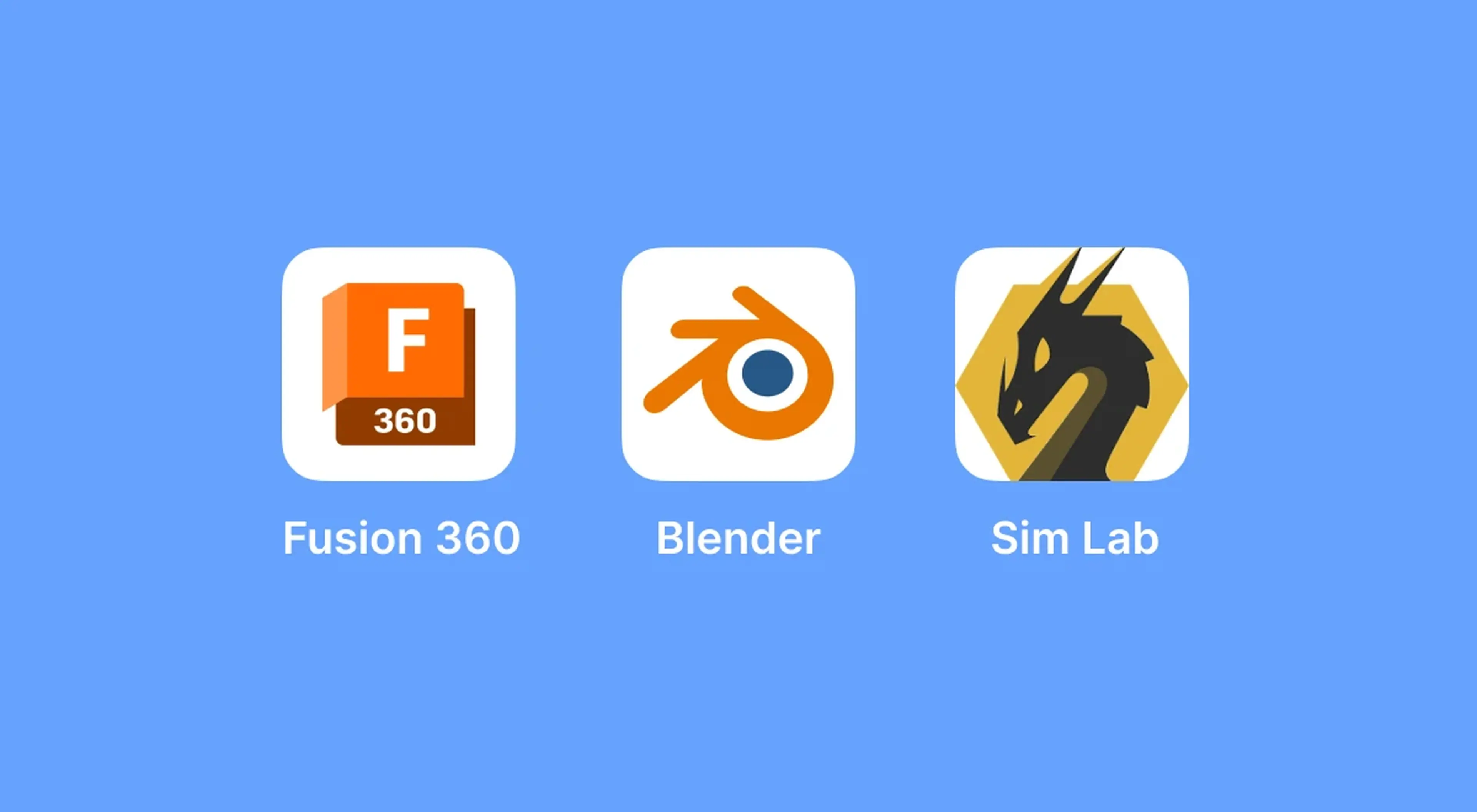 _Fusion 360, Blender, and Sim Lab app icons displayed side by side on a light blue background as Tinkercad alternatives for 3D modeling