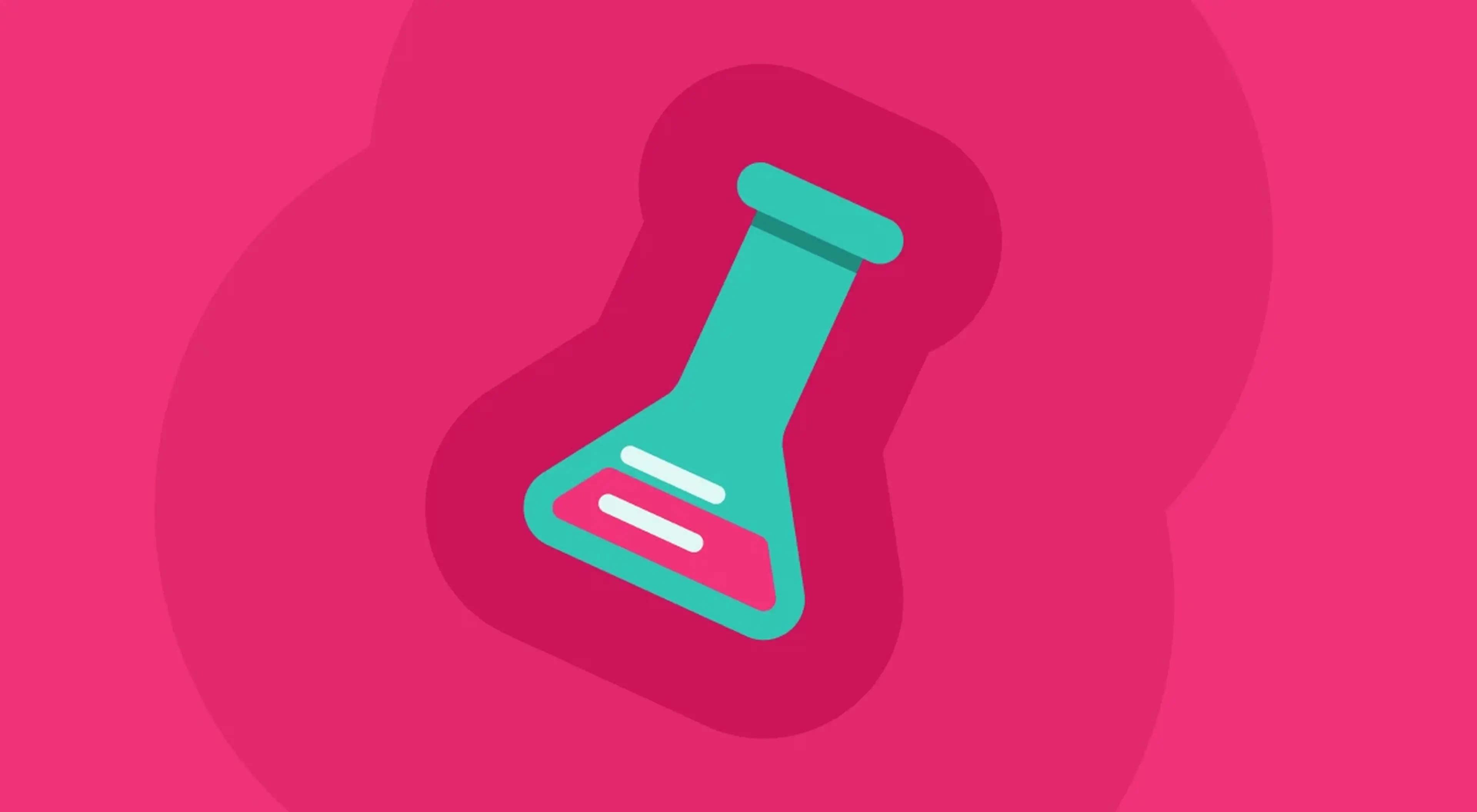 Illustrated teal Erlenmeyer flask with pink liquid on a vibrant magenta background, representing a science trivia questions category