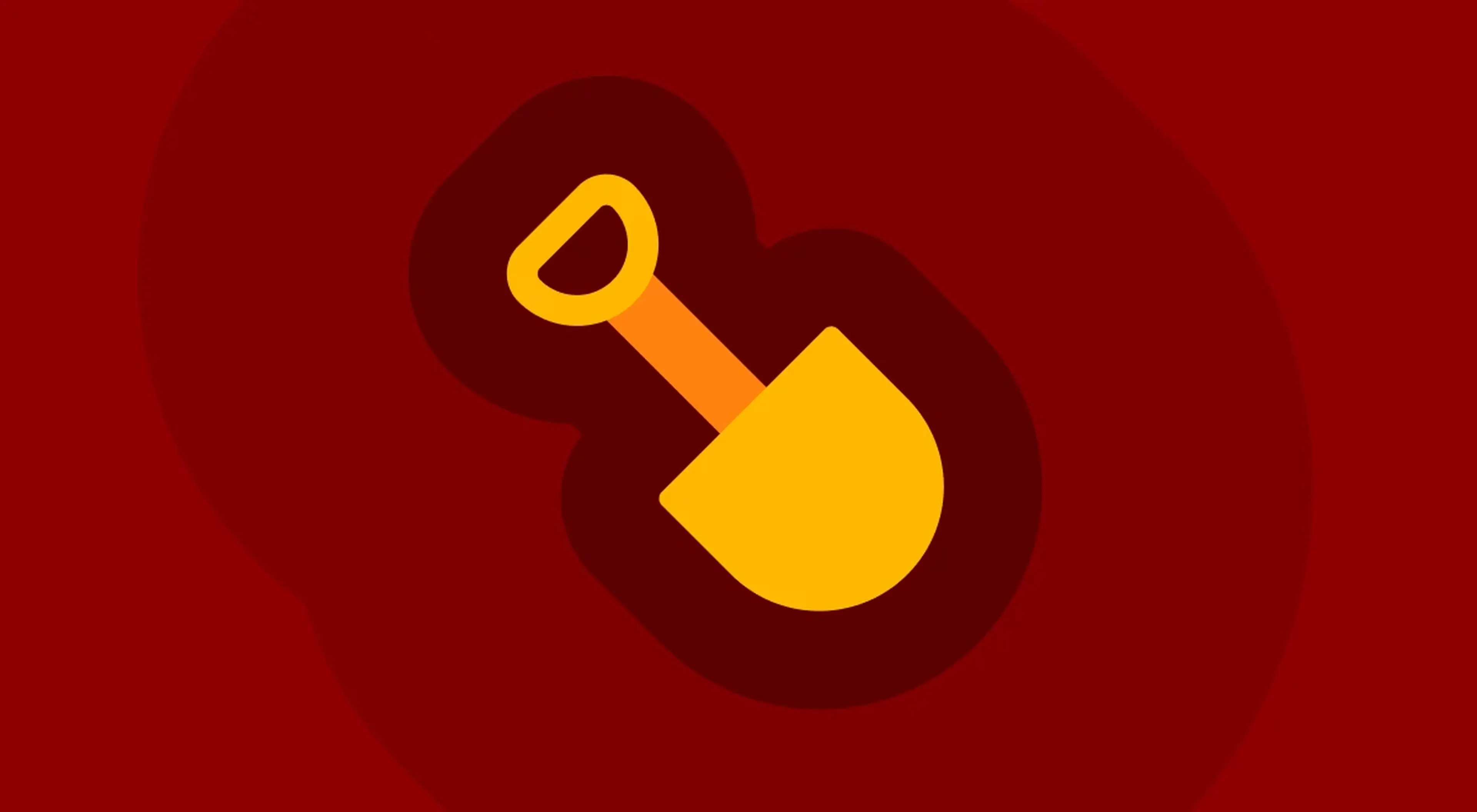 Yellow illustrated shovel on dark red circular shadow against deep red background, archeology tools app icon