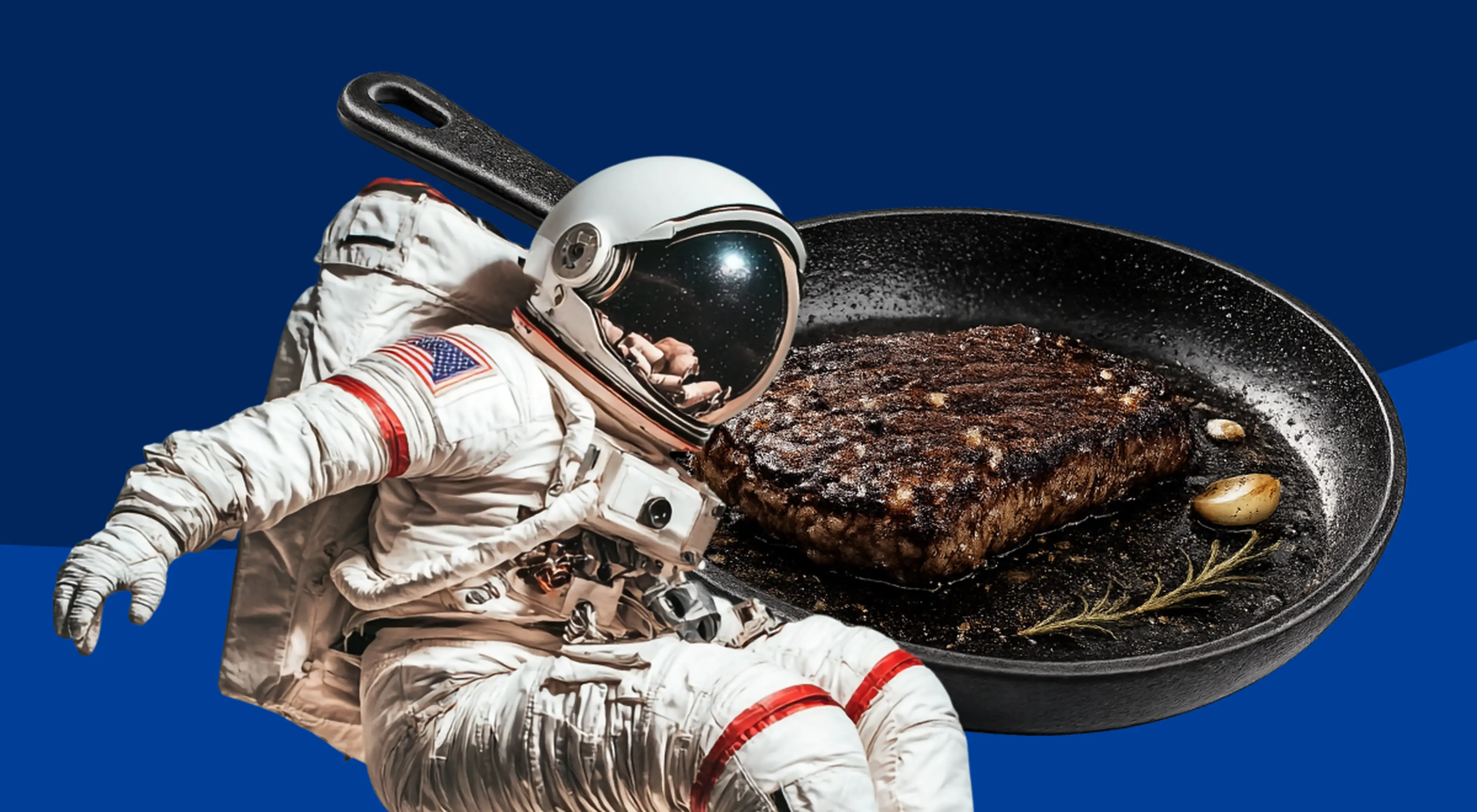 Astronaut in a white NASA spacesuit with an American flag patch positioned beside a black skillet holding a seared steak with garlic and rosemary, set against a blue space-themed background