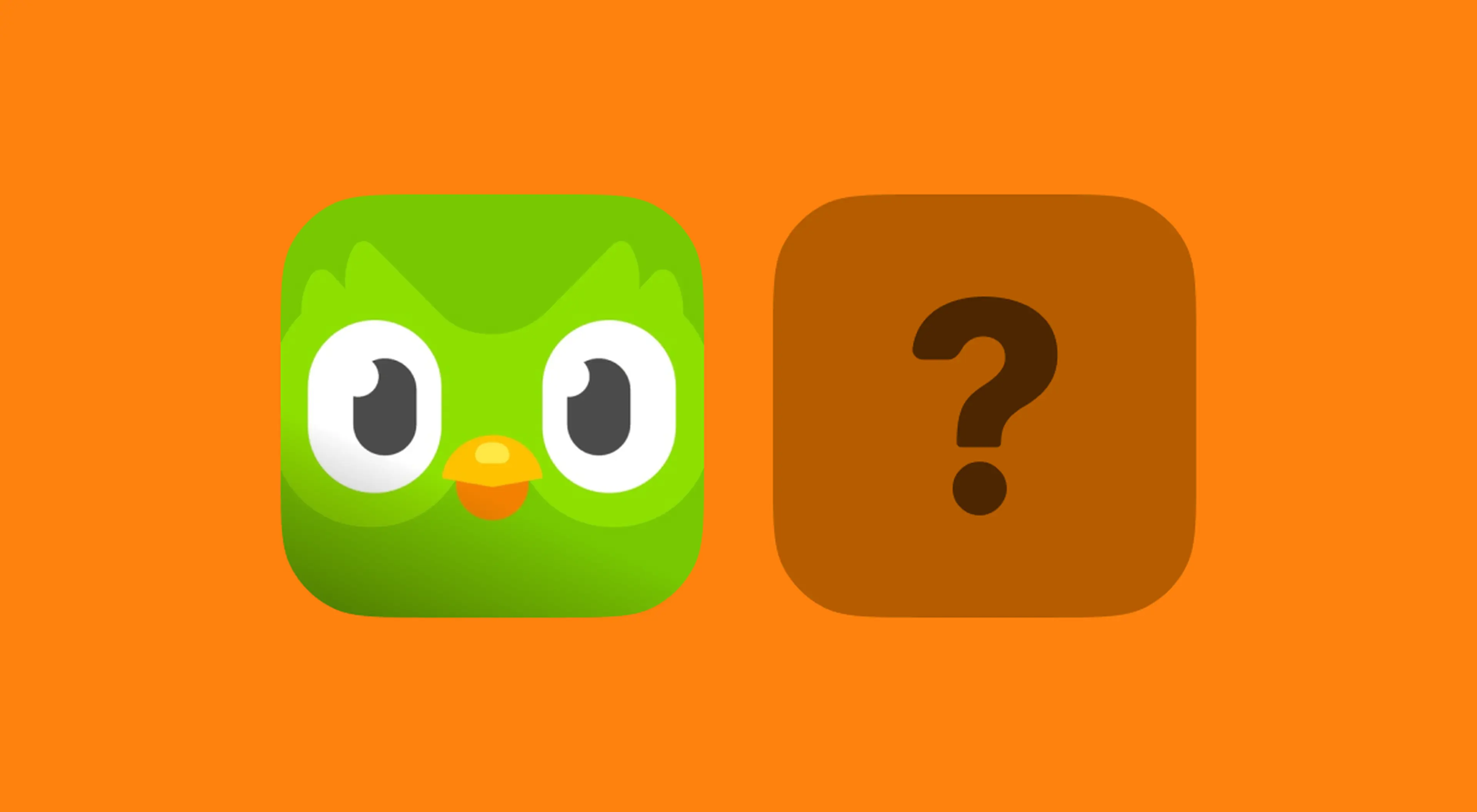 Duolingo app icon with green owl mascot next to a brown question mark icon on an orange background, suggesting a comparison with a language learning alternative