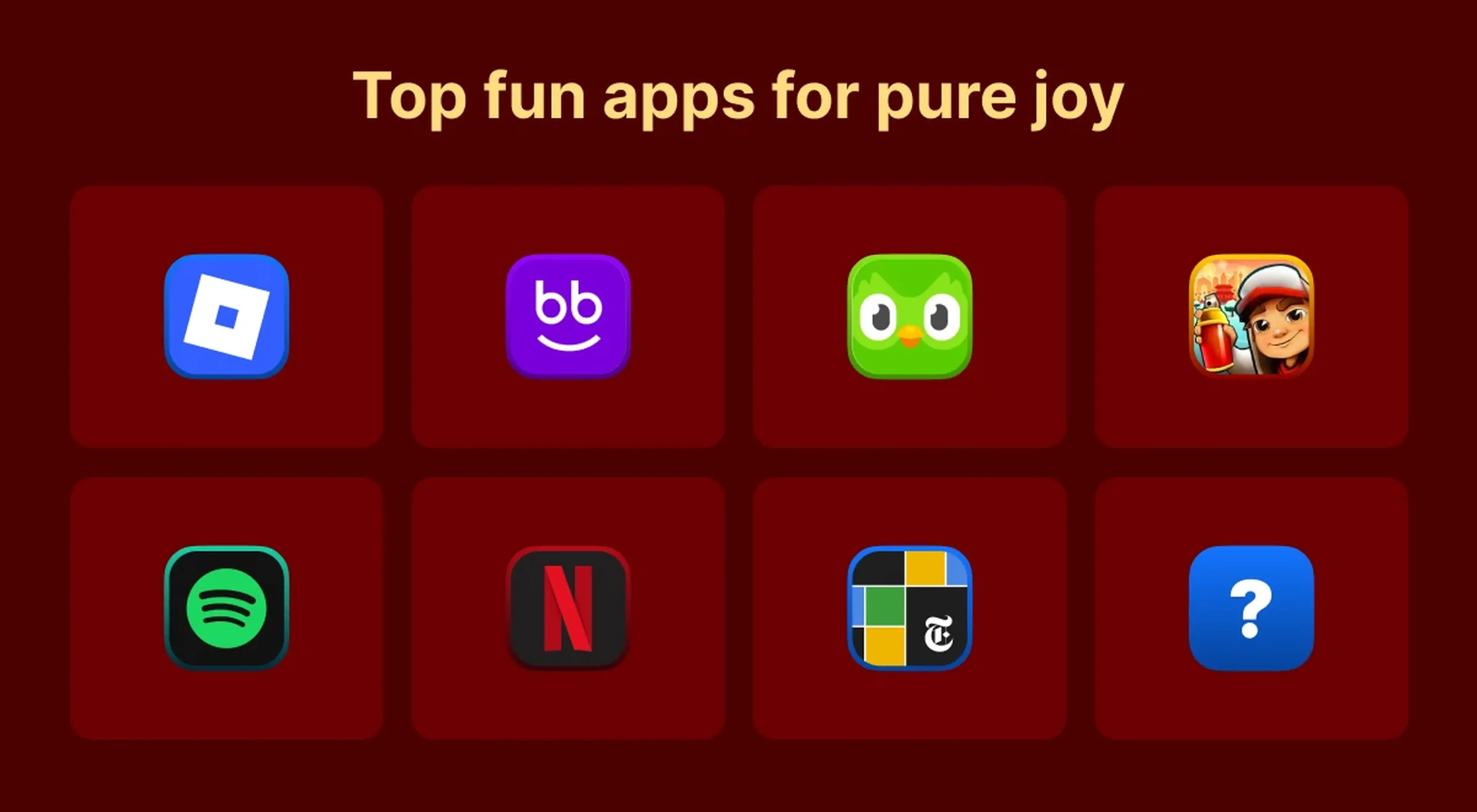 Grid of eight fun app recommendations on a dark red background including Roblox, Beelinguapp, Duolingo, Subway Surfers, Spotify, Netflix, and New York Times icons