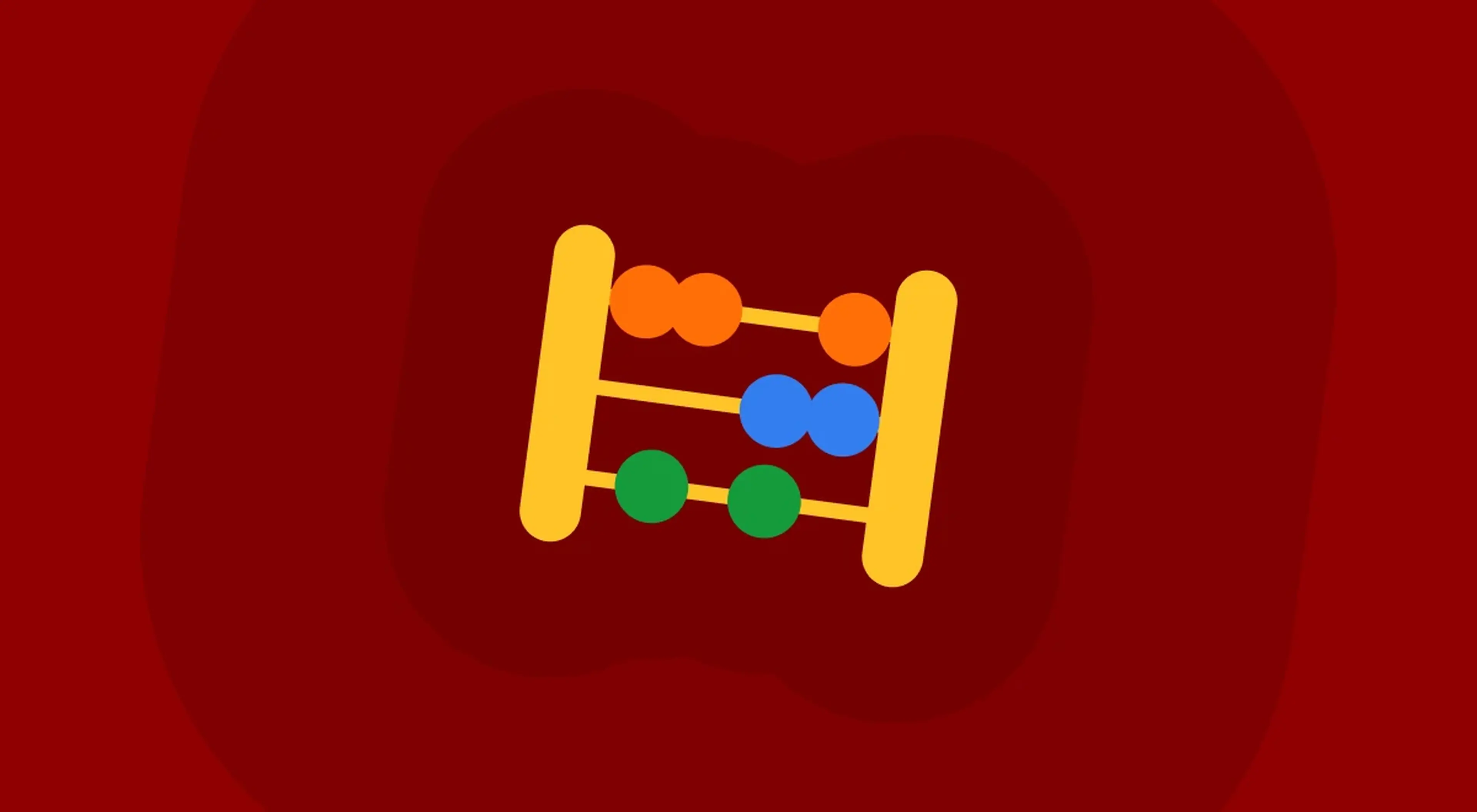 Illustrated colorful abacus with orange, blue, and green beads on a dark red background representing math learning