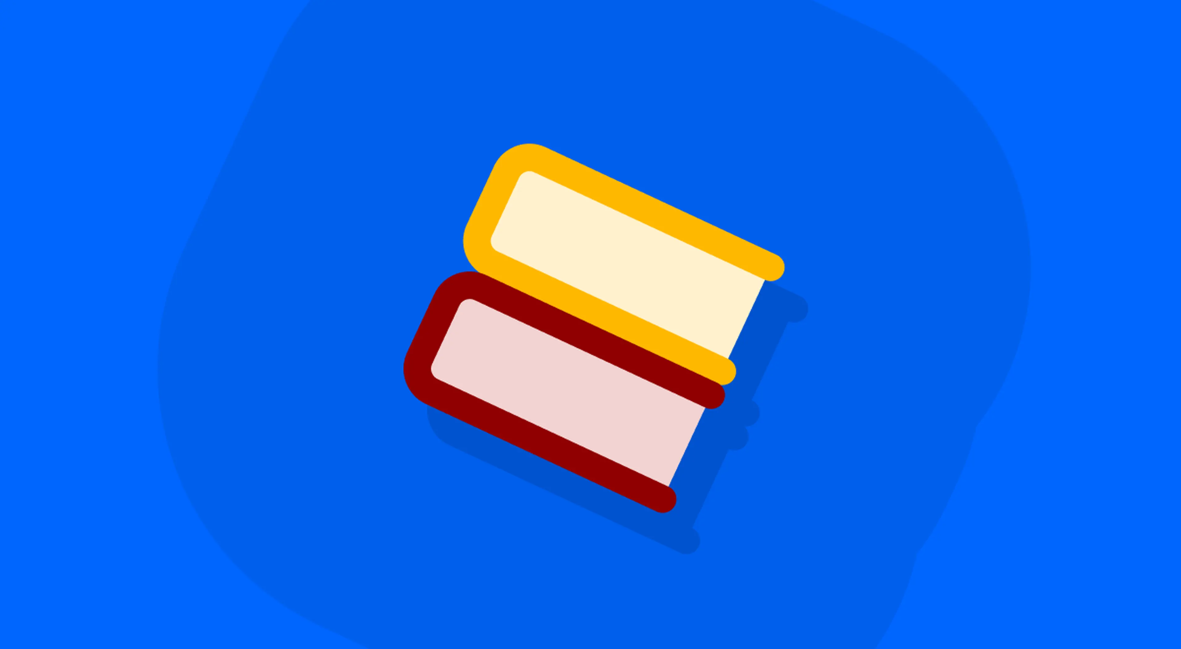 Illustration of two stacked books in yellow and dark red on a bright blue background, symbolizing reading and knowledge improvement