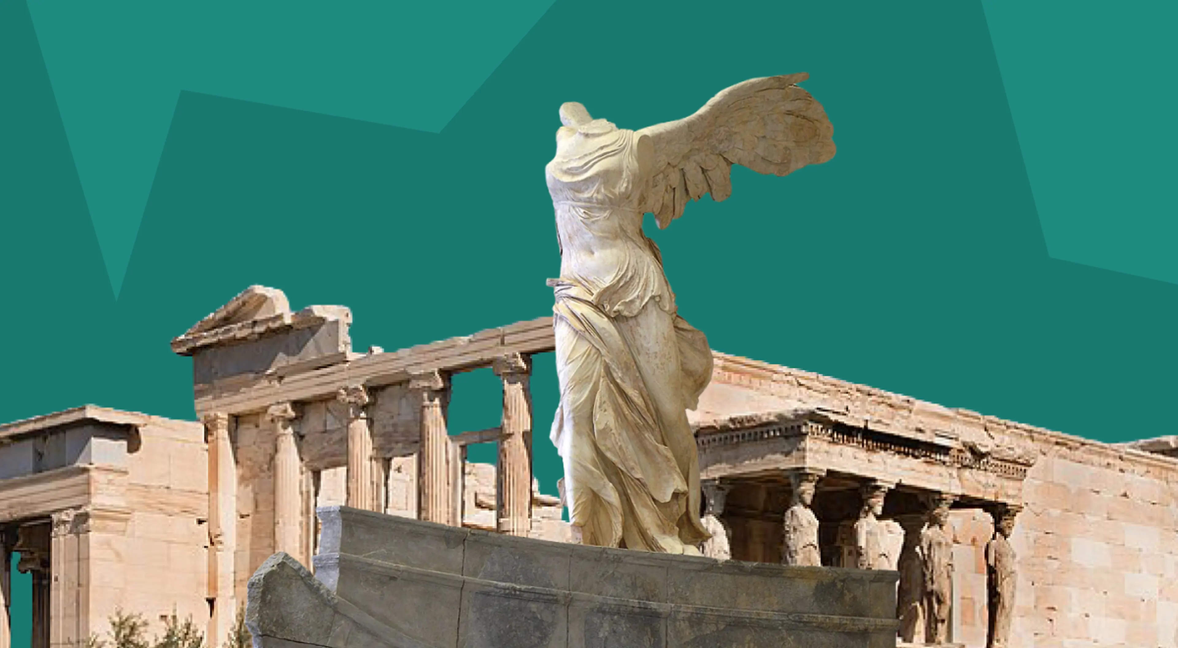 Winged Nike of Samothrace marble statue standing on a ship's prow against the ancient Erechtheion temple ruins and a teal background