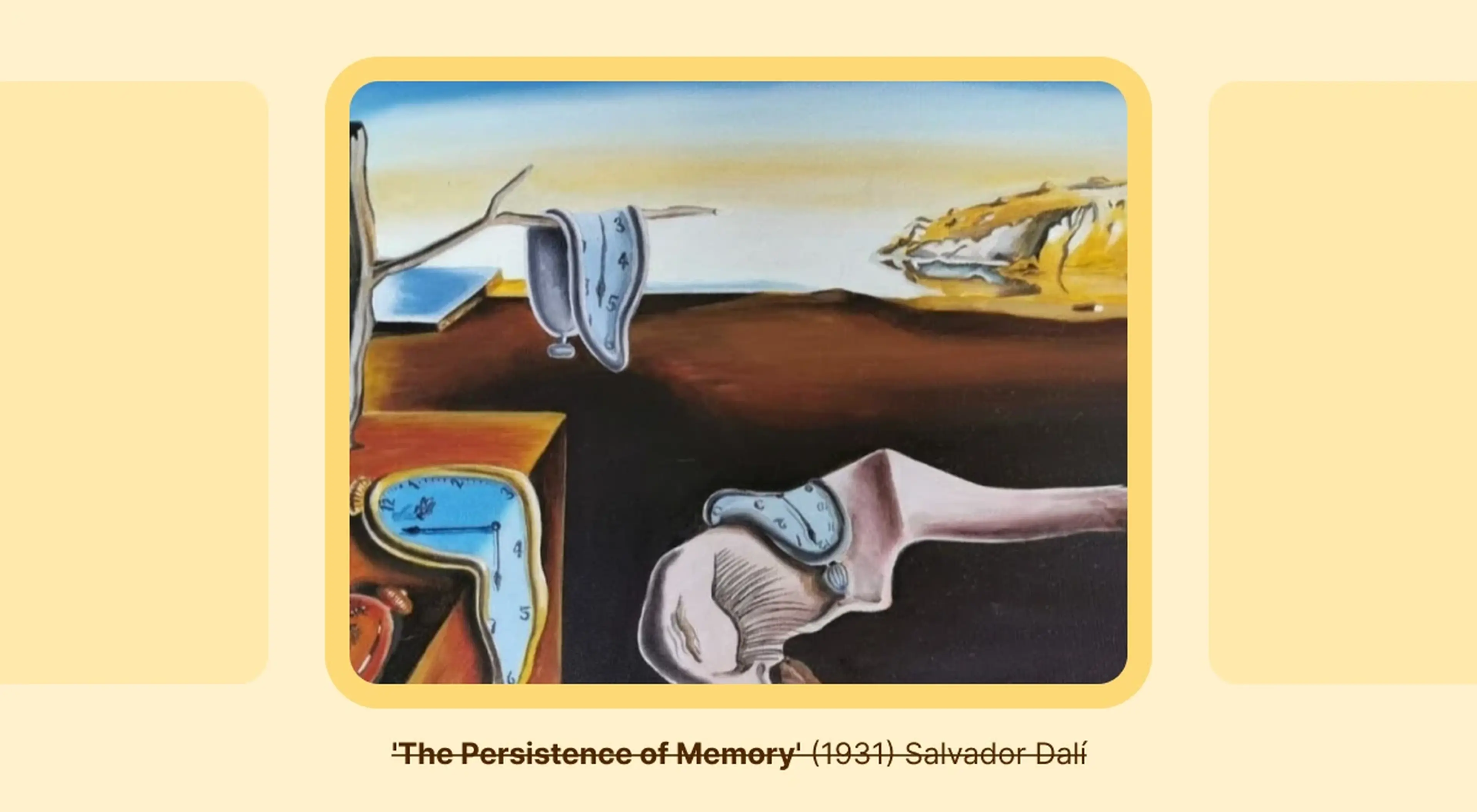 Salvador Dalí's The Persistence of Memory featured in an art trivia challenge, showing melting clocks draped over a barren landscape with cliffs and a calm distant sea