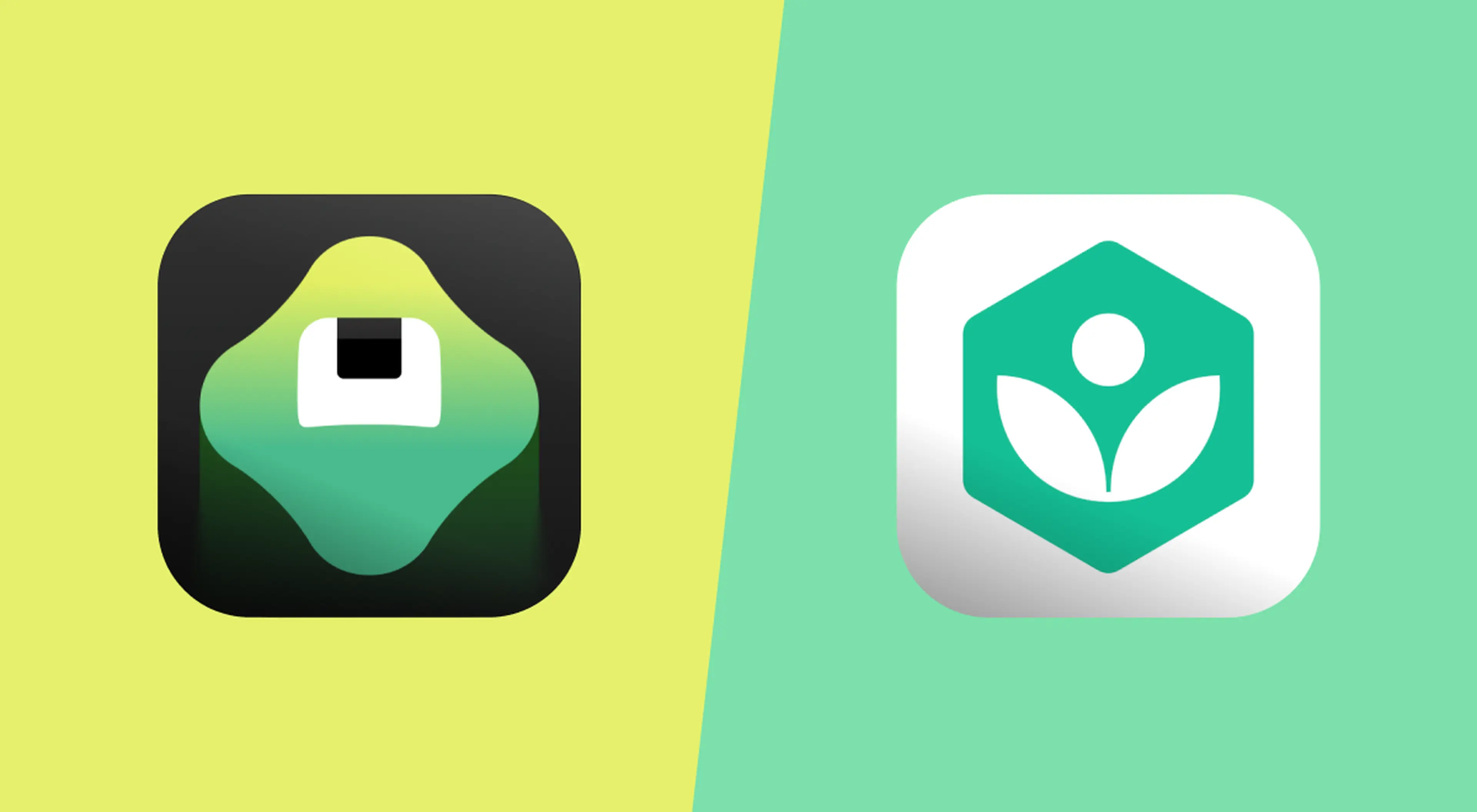 Brilliant vs Khan Academy app icons side by side, with the black Brilliant logo on a yellow-green background and the green Khan Academy hexagon logo on a mint background