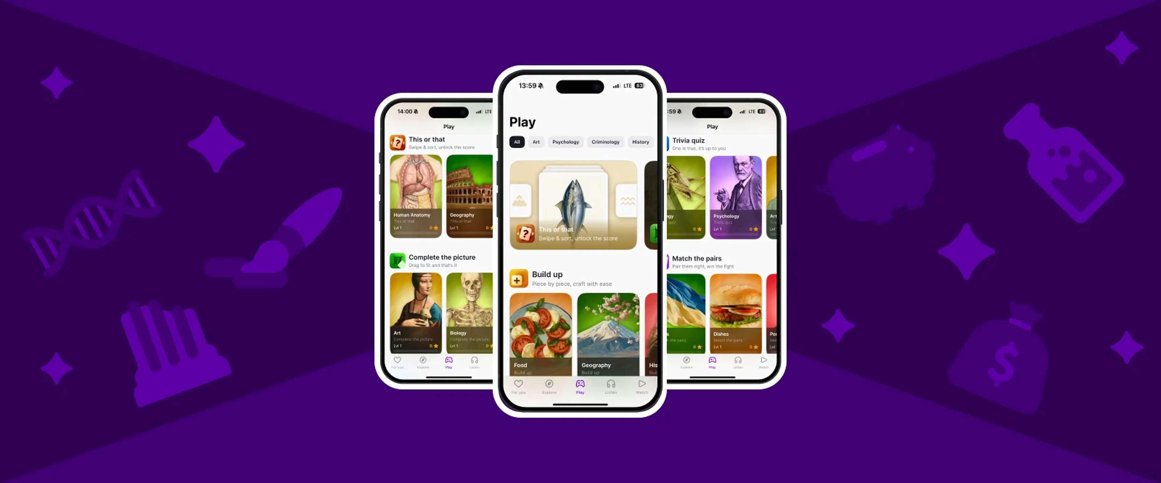 Nibble learning games app screens with interactive quiz-based microlearning activities