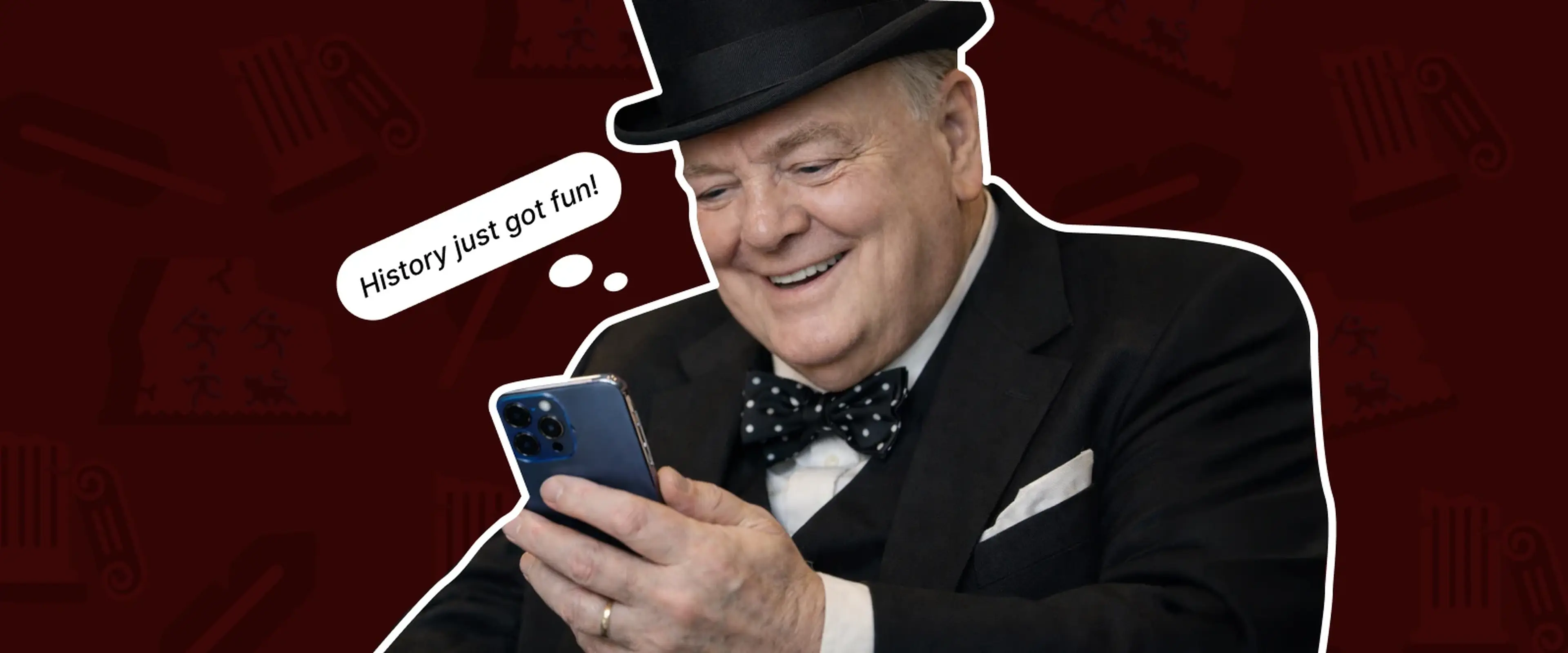 Man in black suit and bow tie using smartphone for learning history with speech bubble saying History just got fun on dark red curtain background