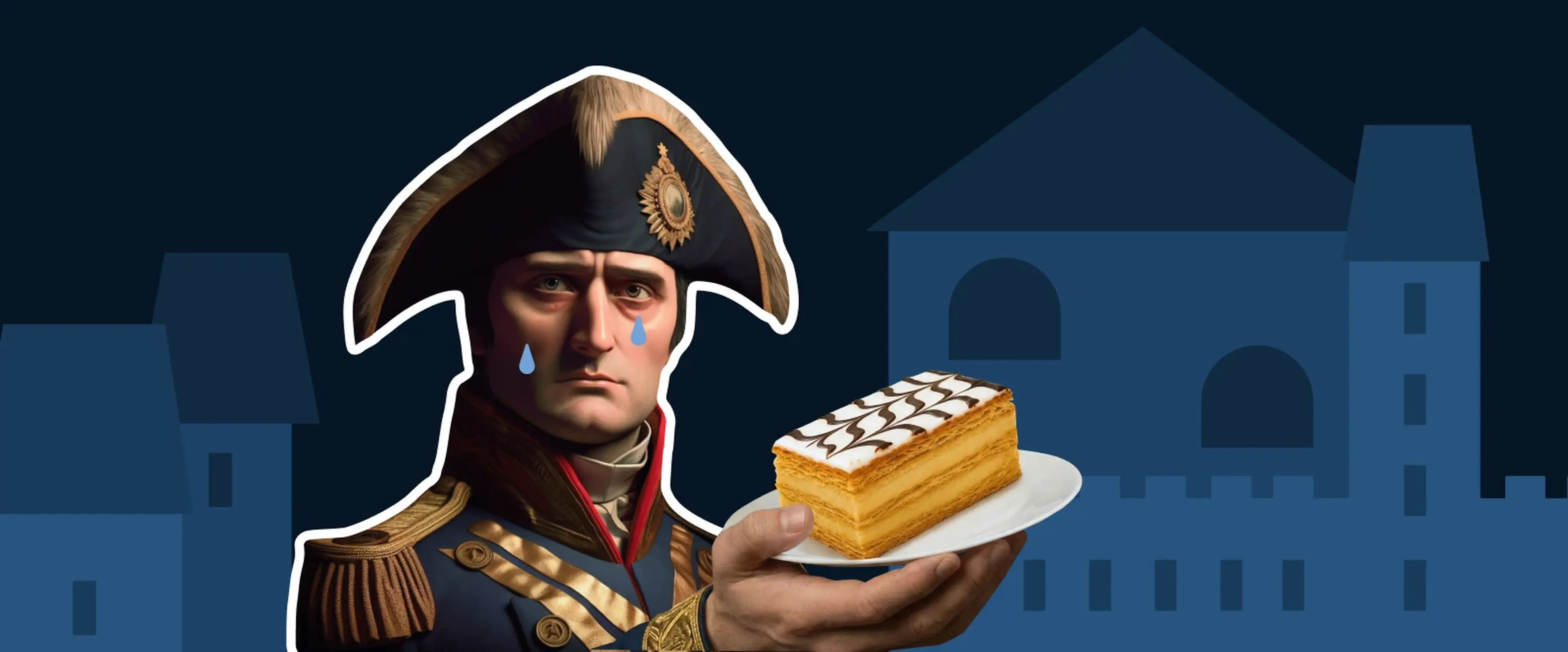 Napoleon Bonaparte illustrated character holding golden crown against dark blue cityscape background