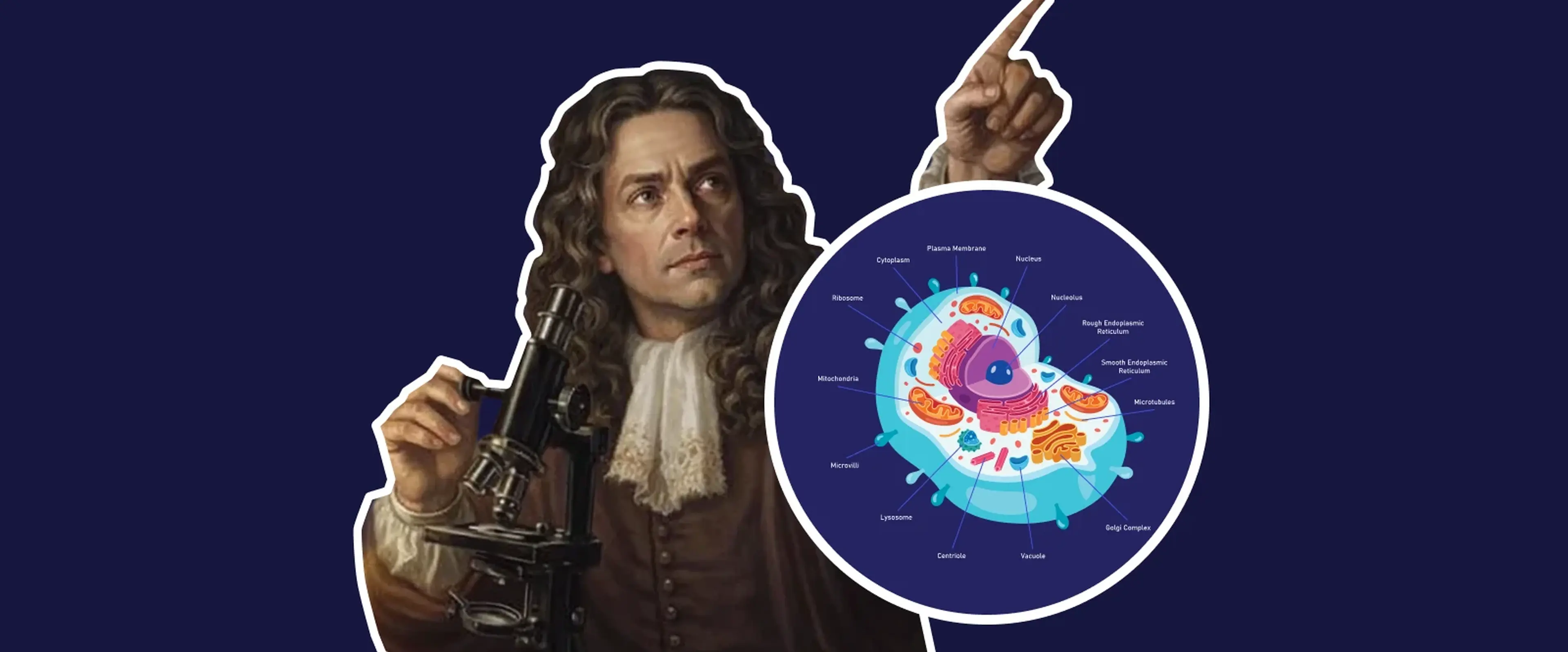 Robert Hooke is pointing at colorful cell anatomy diagram on blackboard beside cartoon adult learner on dark purple background
