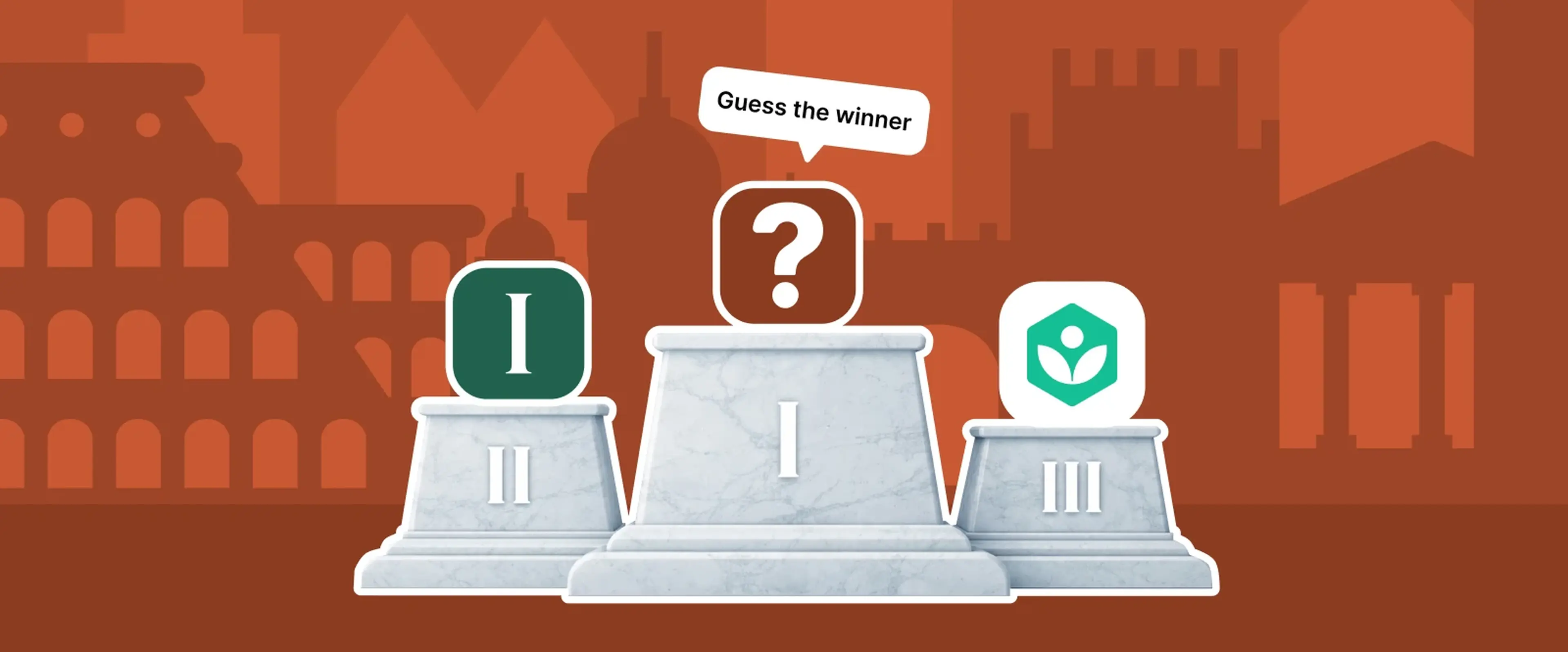Illustrated competition podium ranking microlearning apps with Imprint second and Khan Academy third, mystery winner in first place, on a terracotta background with Roman Colosseum silhouette