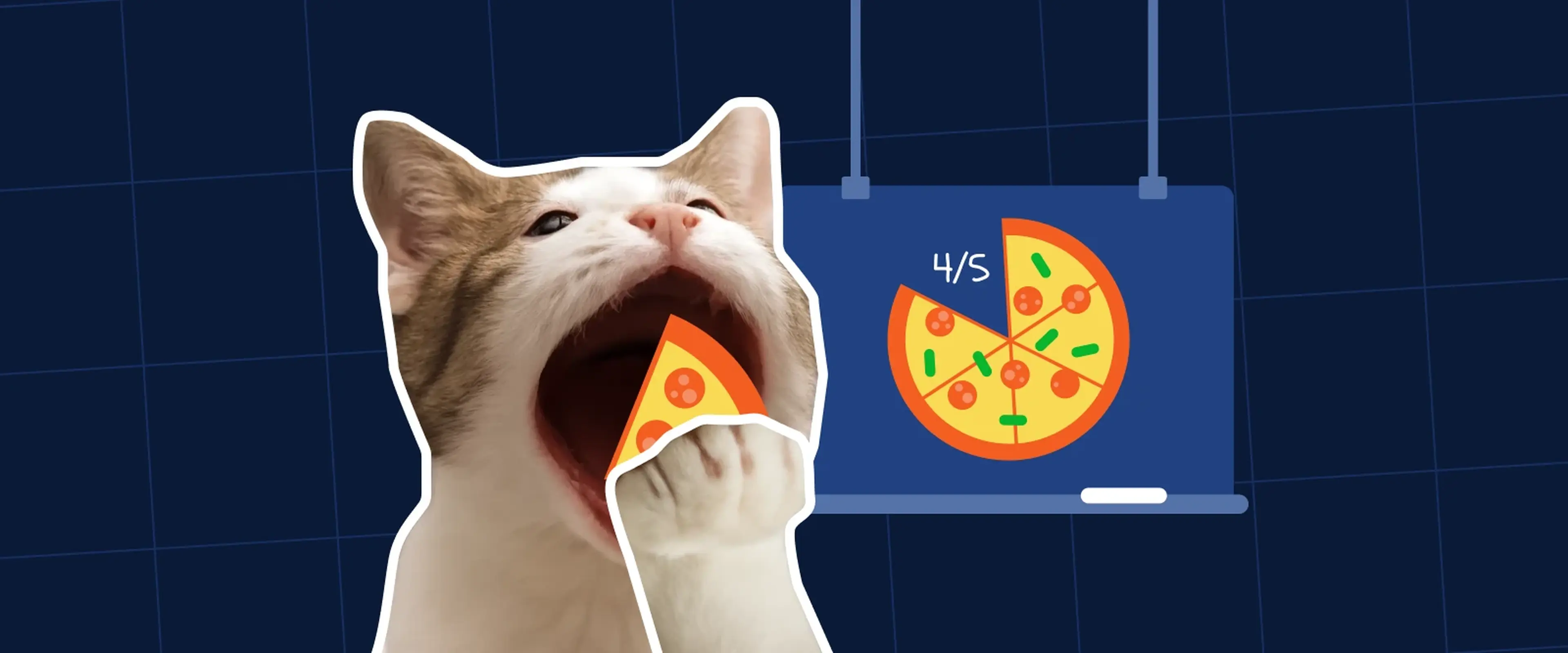 White cat eating pizza slice on dark blue checkered background with fraction visualization showing 4_5