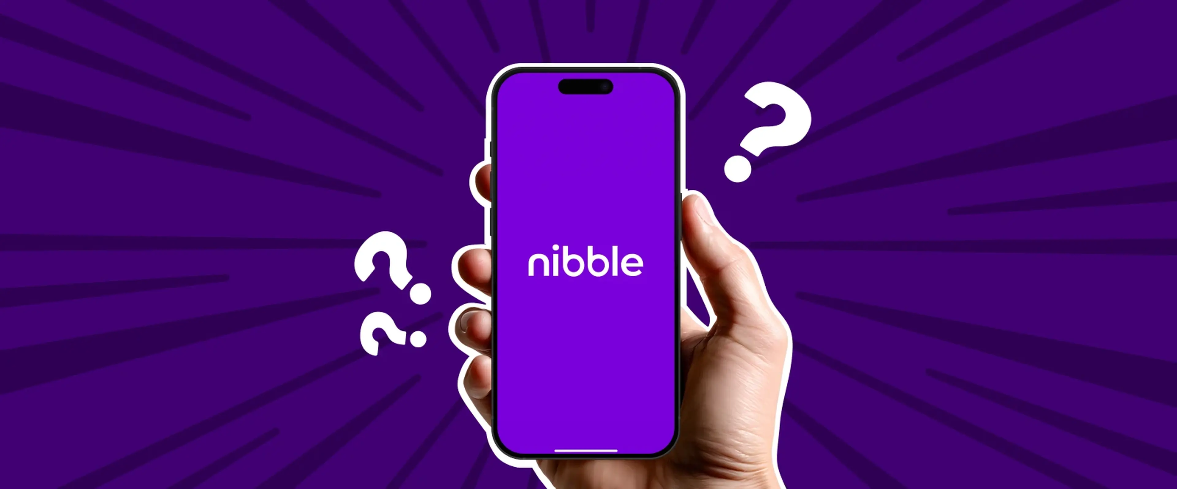 Hand holding smartphone displaying Nibble app on purple screen with yellow question marks and radial burst background