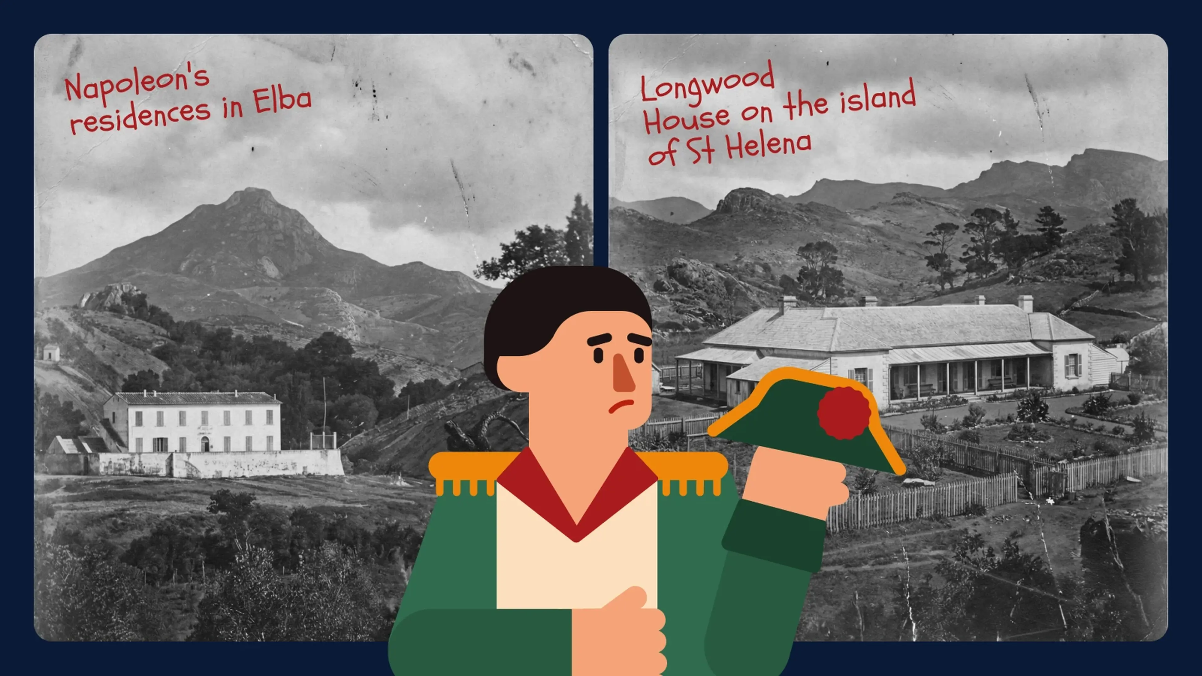 Napoleon Bonaparte between Elba residence and Longwood House on st helena showing his exile locations