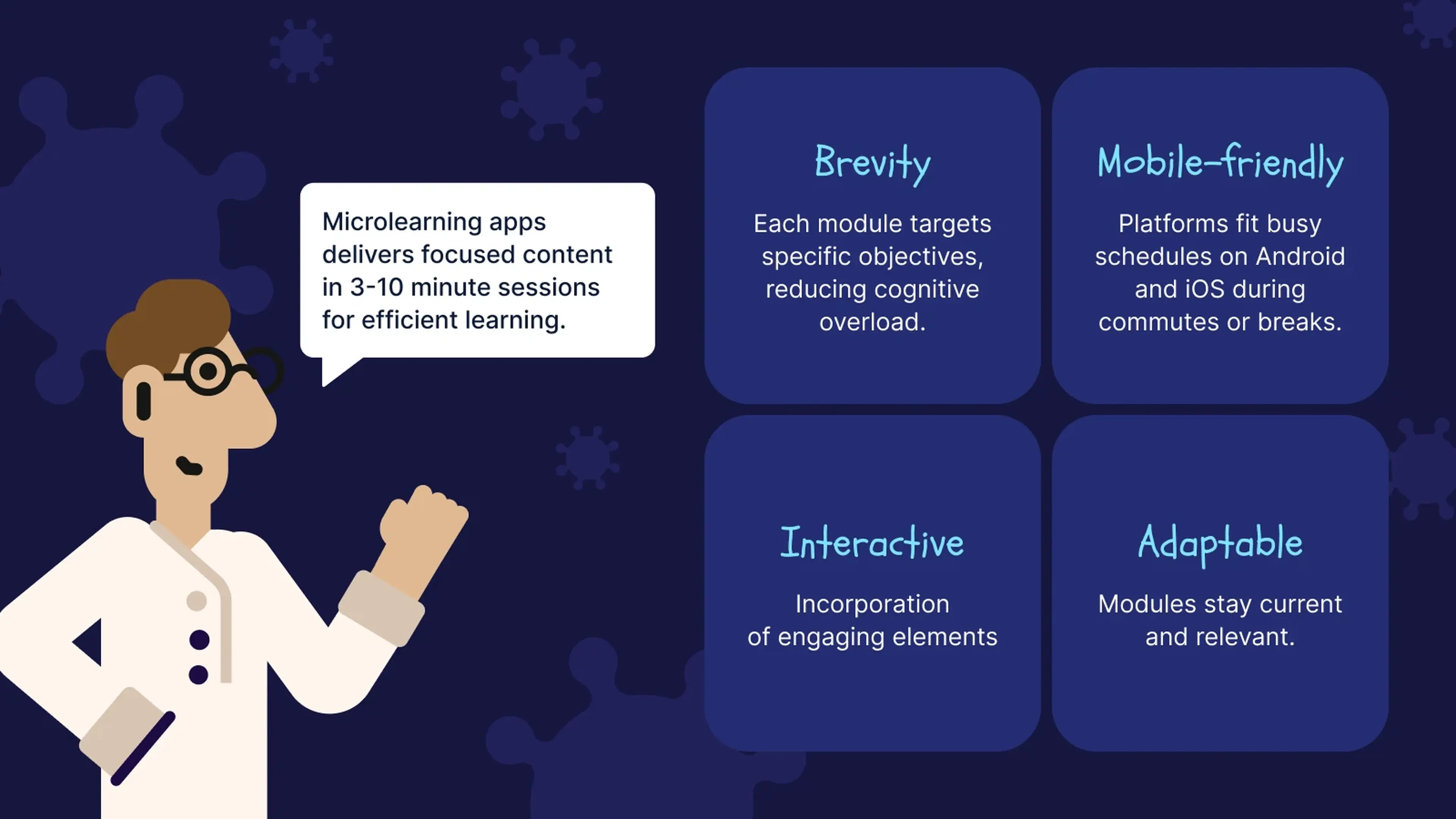 Adult learner presenting microlearning framework with brevity, mobile-friendly, interactive, and adaptable features on blue background with gears