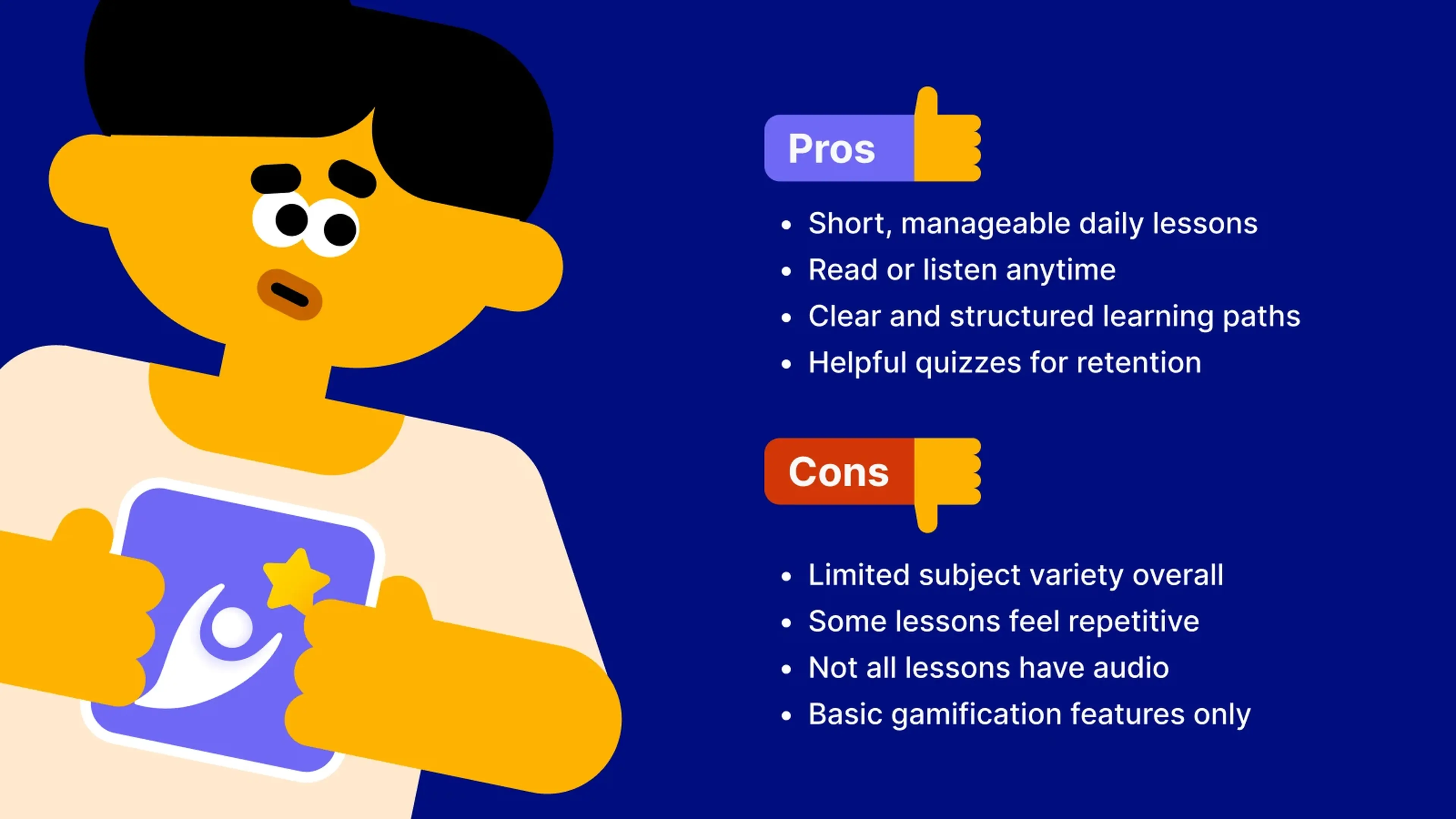 Illustrated character holding phone with My Growth app icon displaying pros and cons list on blue background
