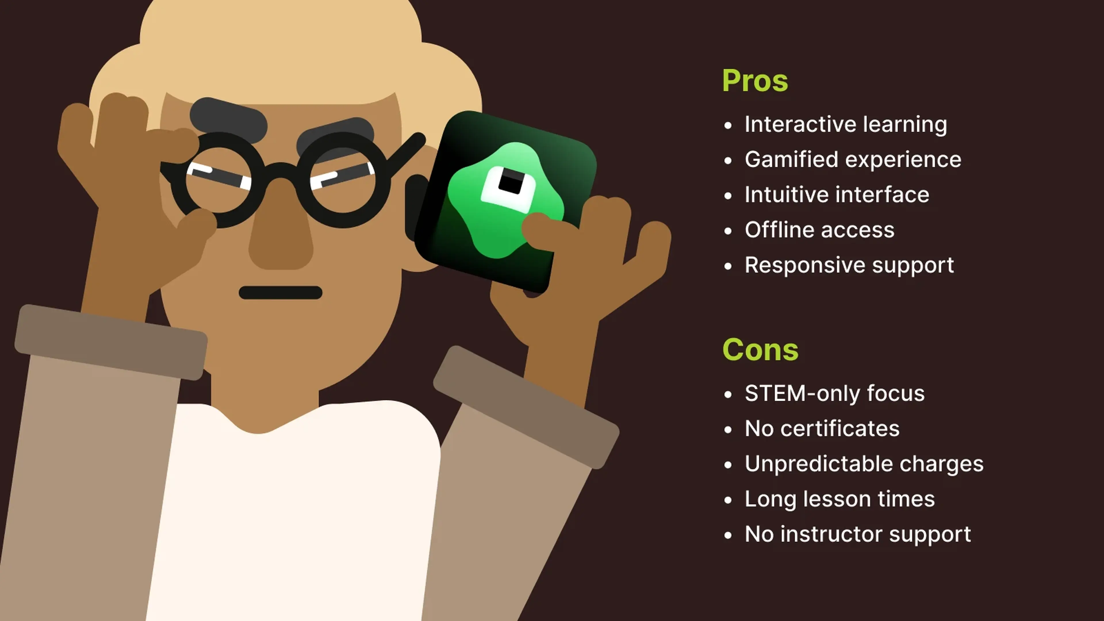 Illustrated character with Brilliant logo showing pros and cons list for Brilliantorg review on brown background
