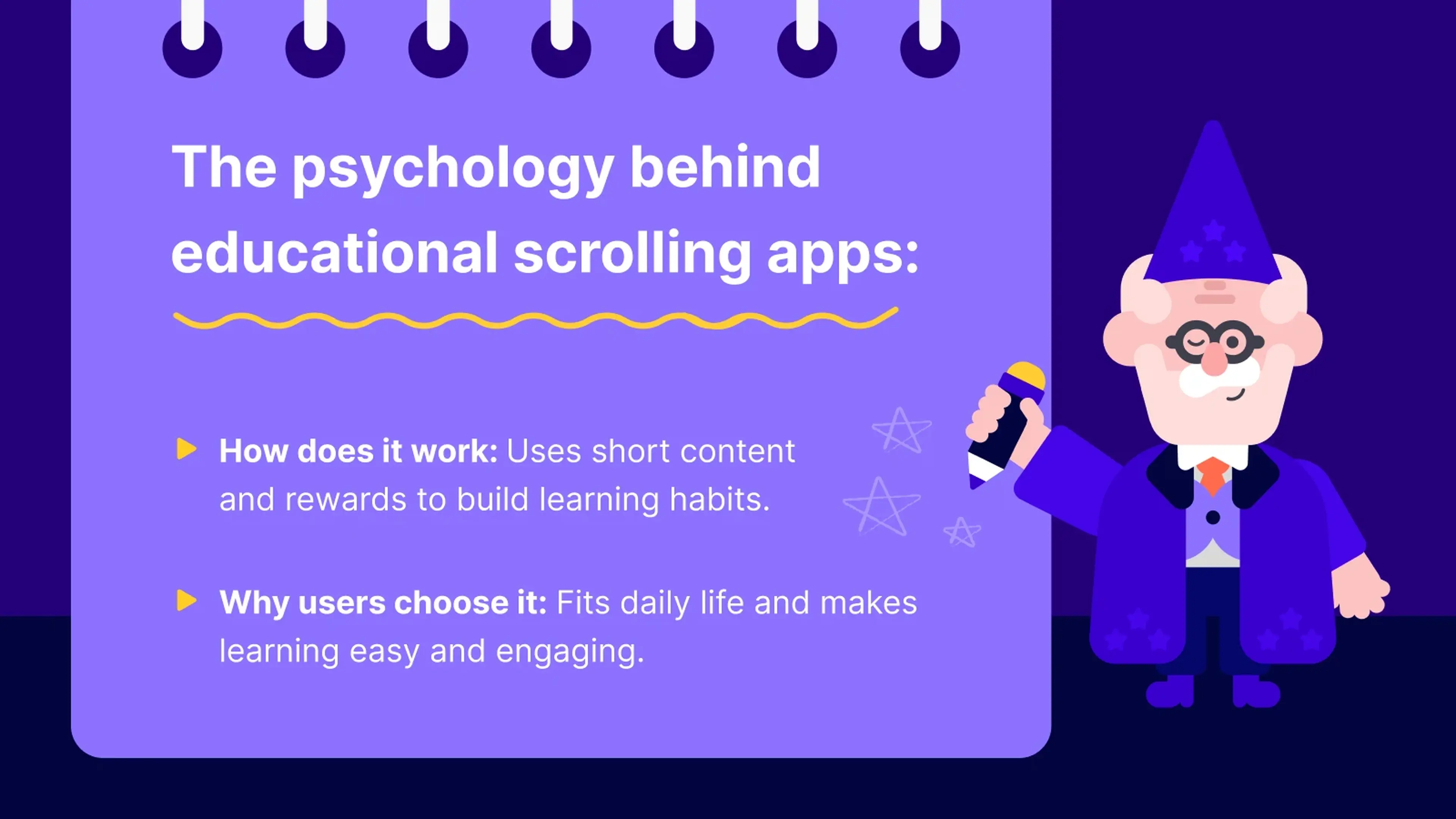 Purple illustrated card explaining the psychology behind educational scrolling apps and dopamine-based learning habits, featuring a cartoon wizard character with a wand and lightbulb icons