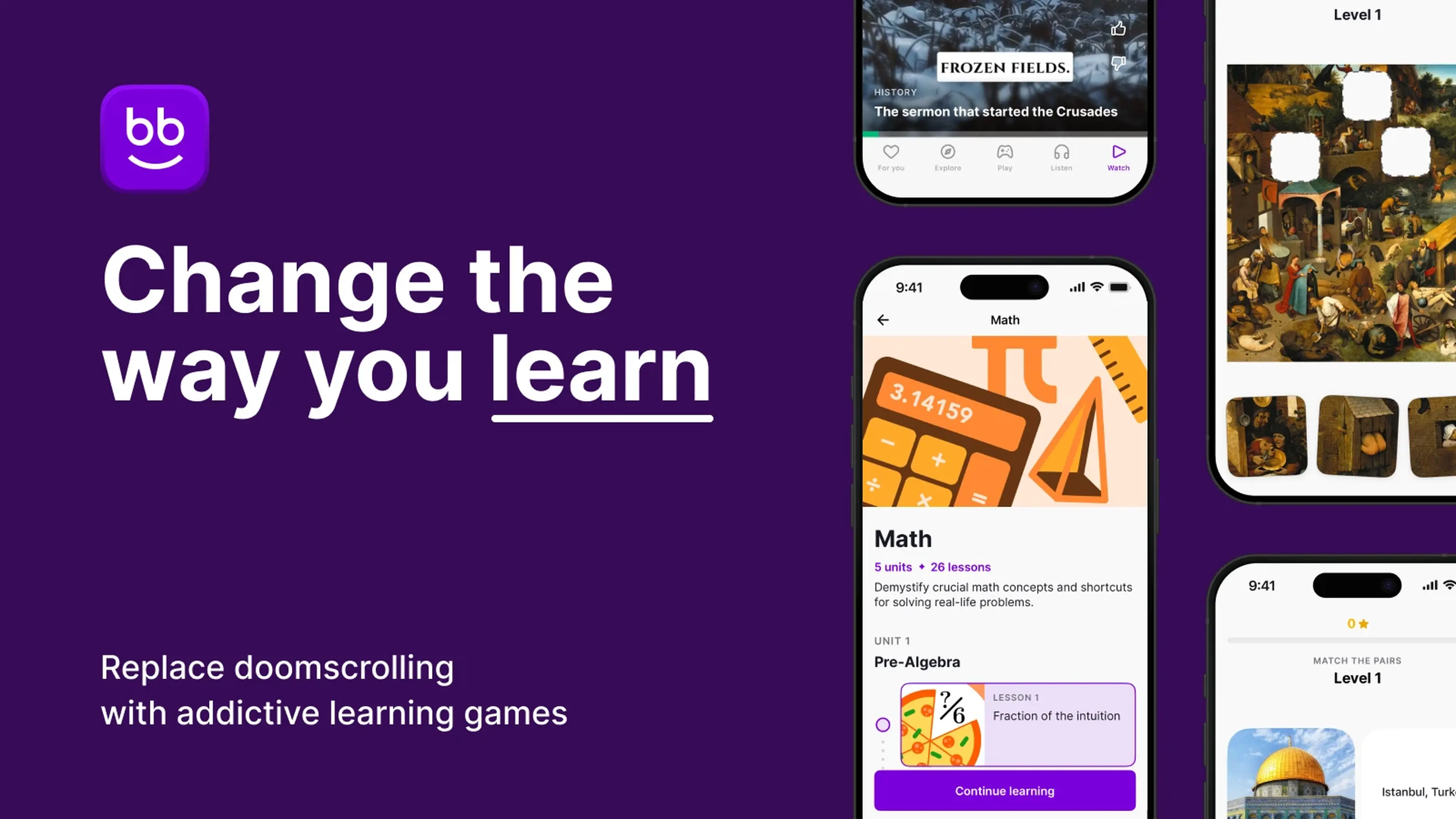 Nibble learning app interface with purple branding showing multiple smartphone screens and bb logo