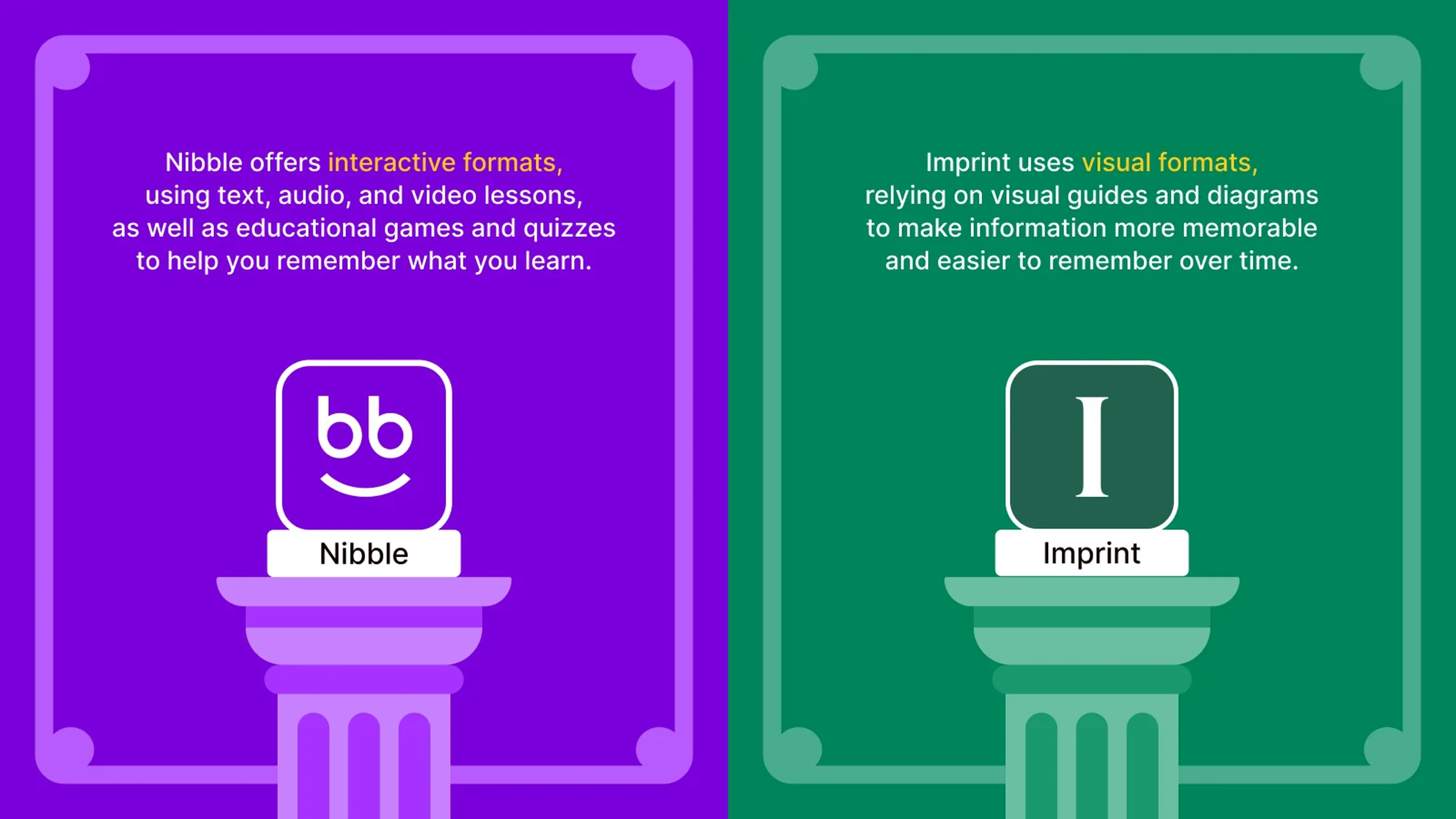 Nibble and Imprint app icons on pedestals, purple panel highlighting quizzes and games, green panel showcasing visual guides for micro-learning