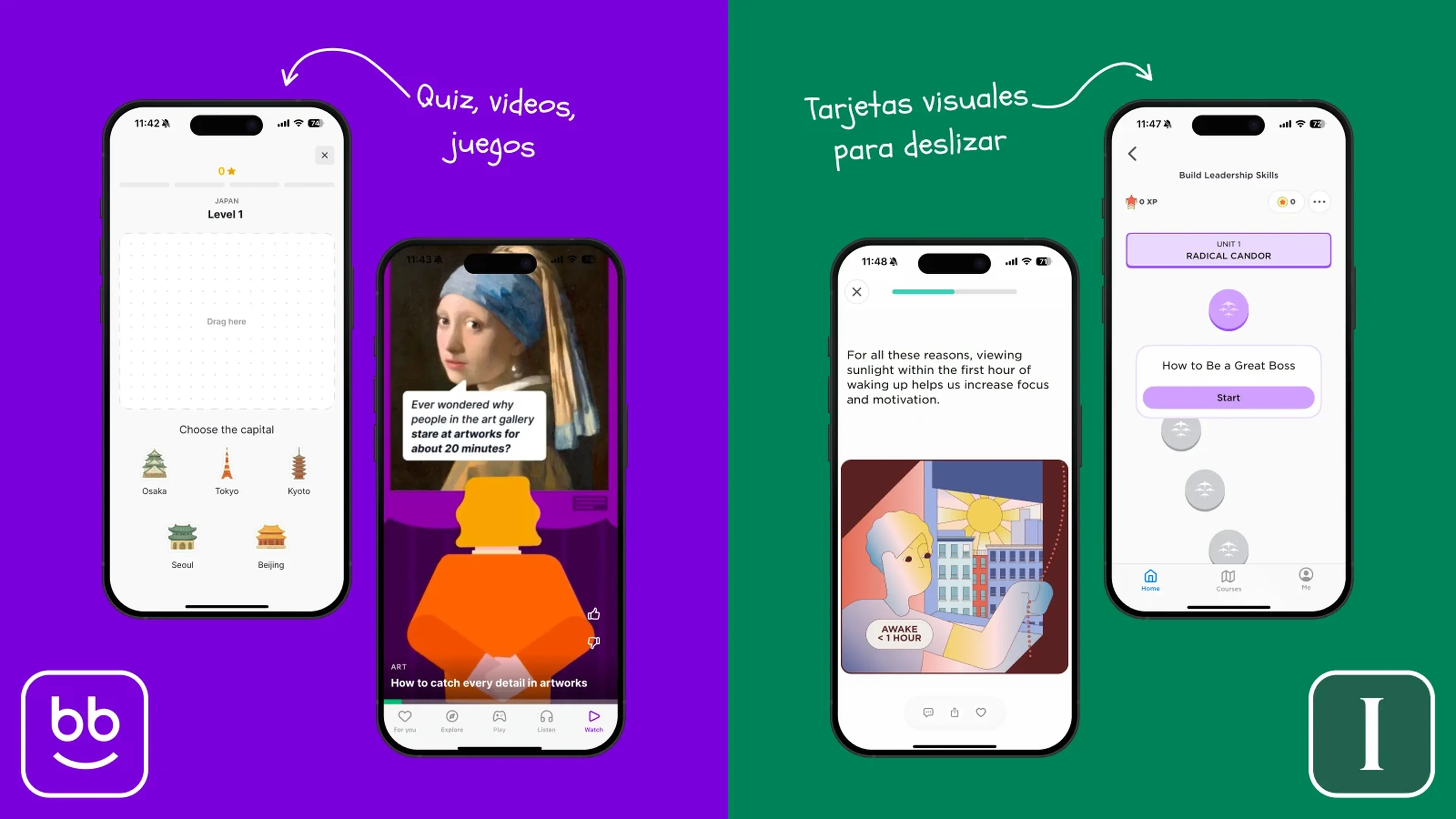 Comparativa de apps educativas: a la izquierda, pantallas de Nibble sobre fondo morado con quiz de capitales de Japón y video con La joven de la perla; a la derecha, tarjetas visuales de Imprint sobre verde