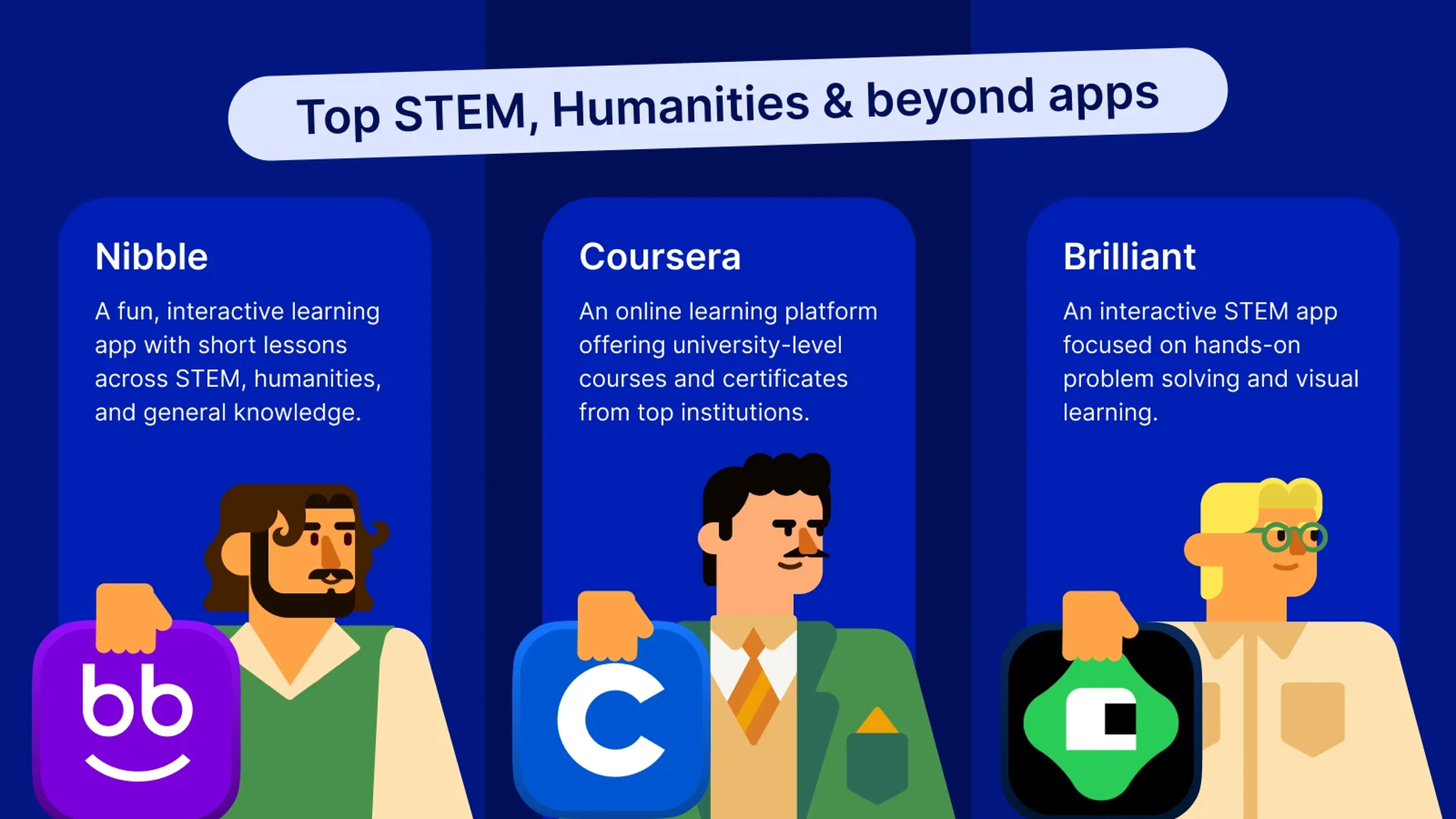 Three educational apps for learners including Nibble, Coursera, and Brilliant with illustrated characters on dark blue background