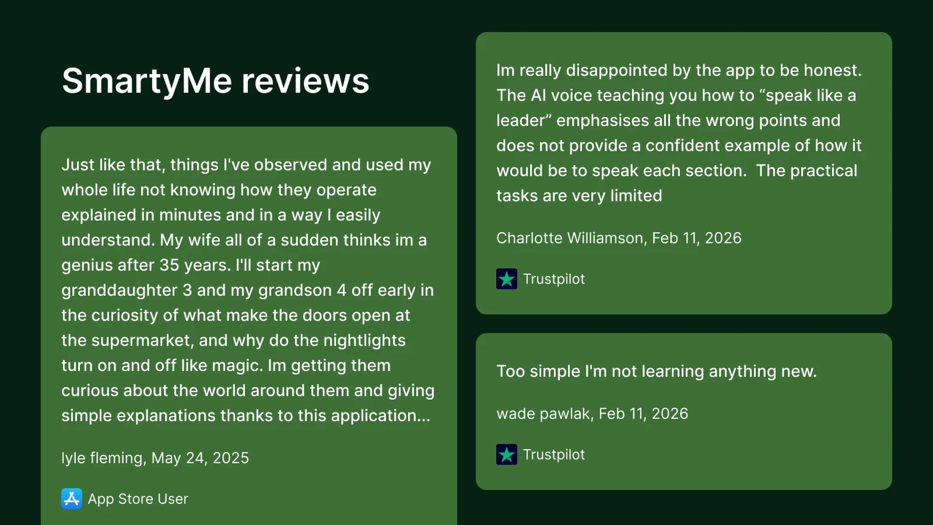 SmartyMe reviews from App Store and Trustpilot