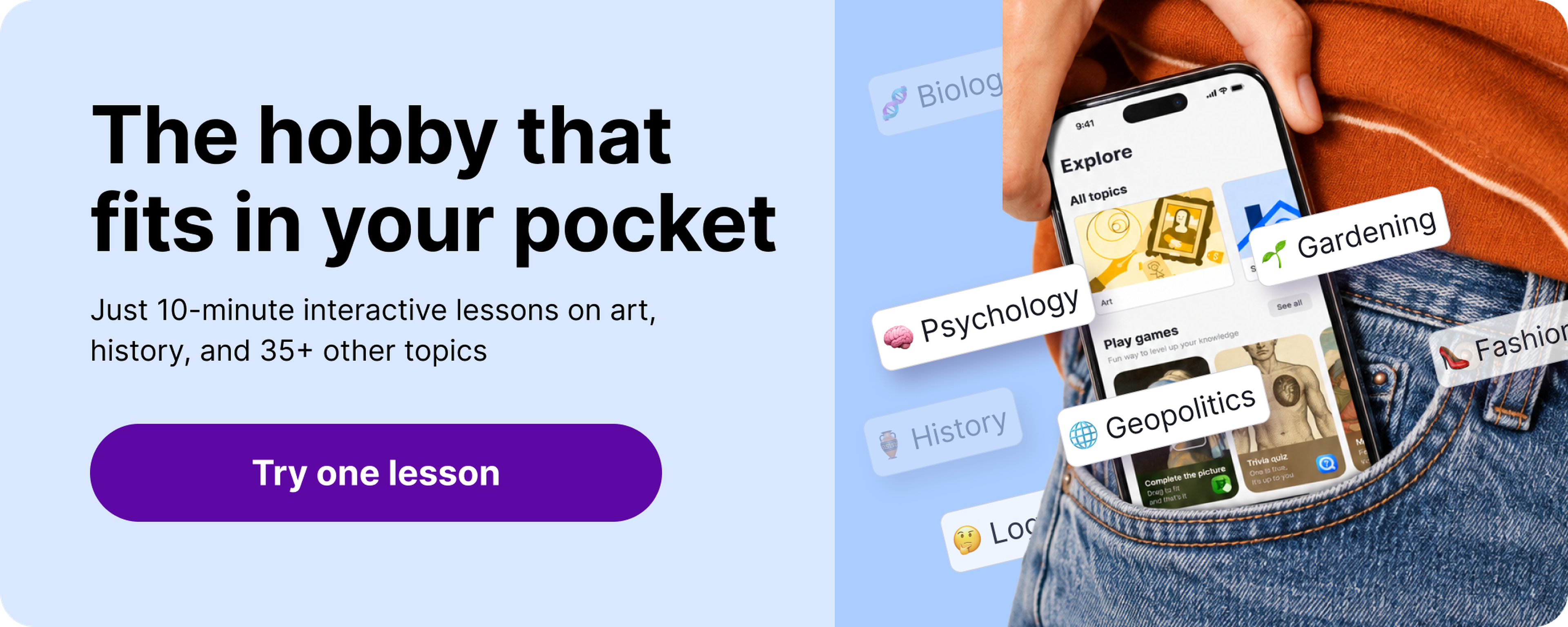 Banner for the Nibble learning app showing a hand pulling a smartphone from jeans pocket, its Explore screen surrounded by topic labels like Psychology, Gardening, History and Geopolitics on blue