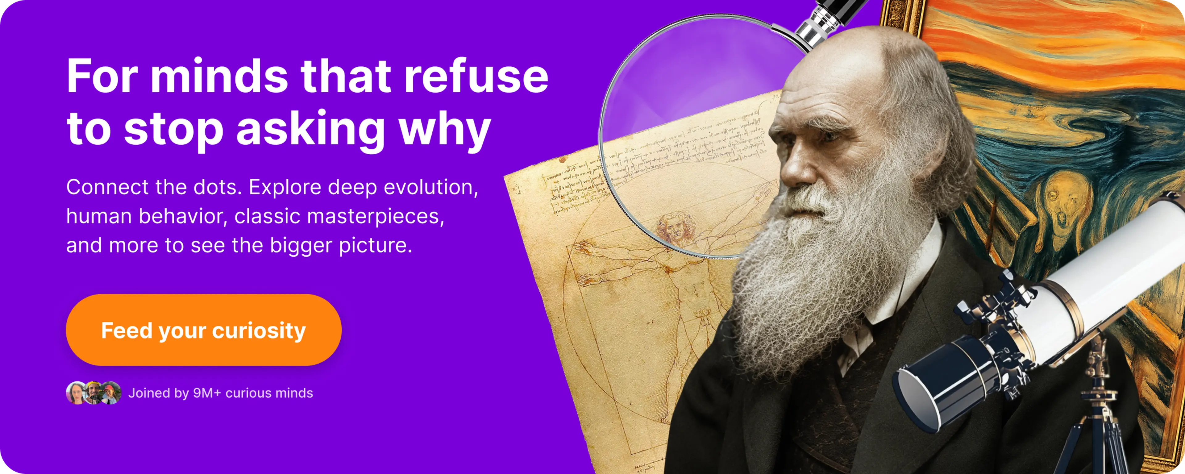 Nibble app banner worth exploring — Darwin portrait with a telescope, magnifying glass, Vitruvian Man sketch, and The Scream painting on a purple background