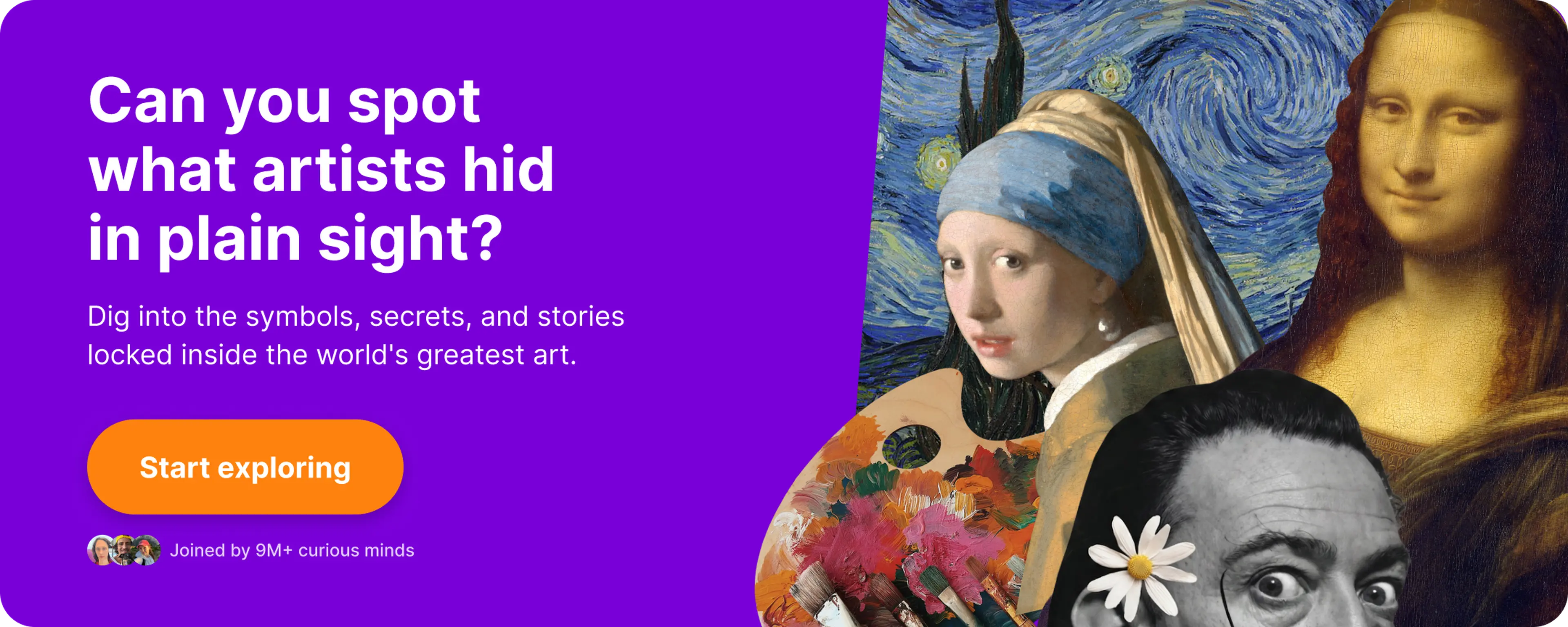 Nibble art history banner with Girl with a Pearl Earring, Mona Lisa, The Starry Night, a painter's palette and Salvador Dalí, inviting users to explore hidden symbols in famous artworks