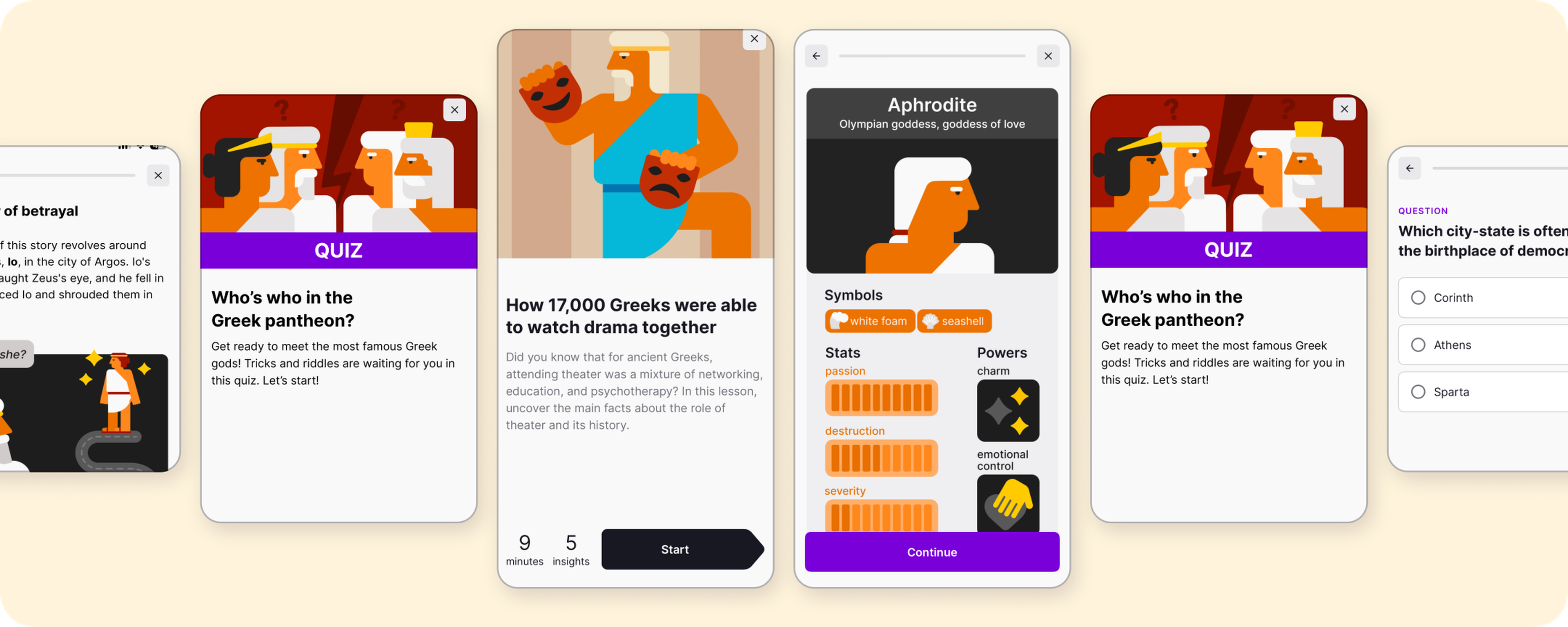 Nibble app screens on a cream background showing a Greek mythology quiz about the pantheon, an Aphrodite character card with stats and powers, a lesson on Greek theater and a multiple-choice question
