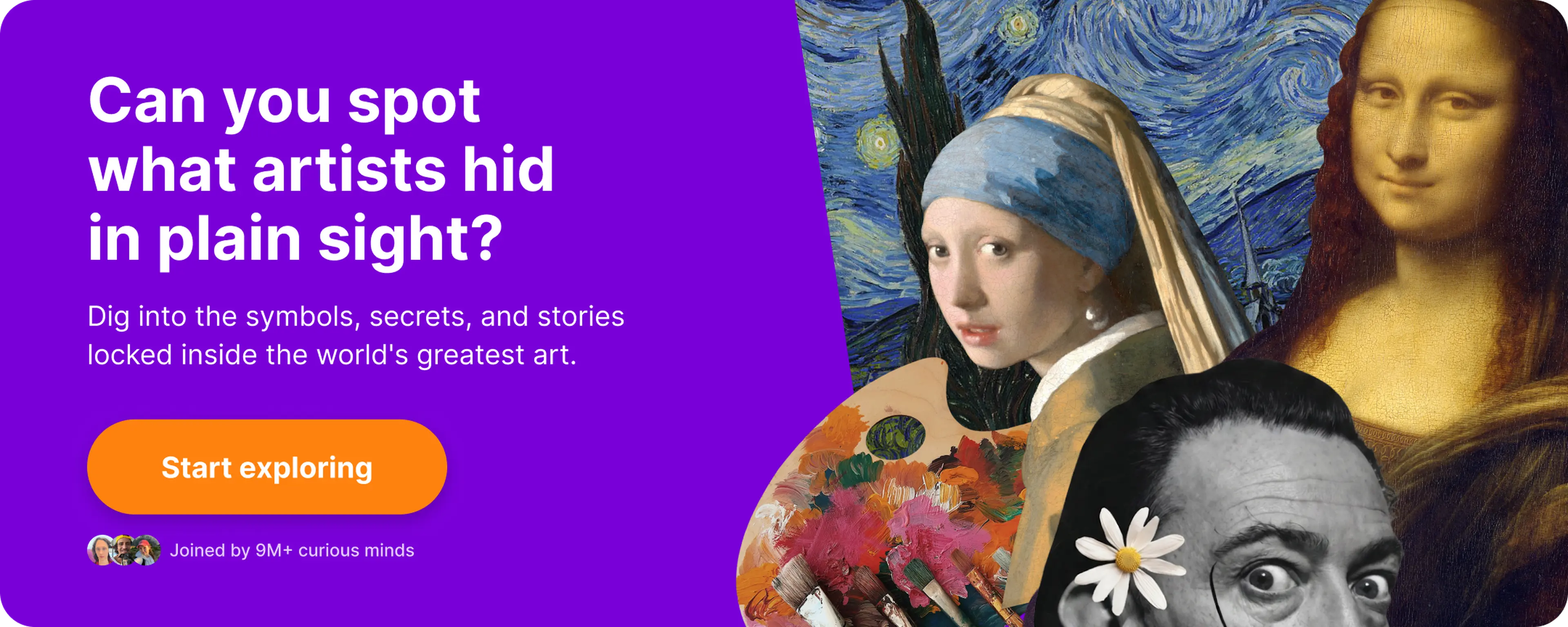 Purple art microlearning app banner featuring famous paintings including Girl with a Pearl Earring, Mona Lisa, and The Starry Night background, with a Renaissance portrait of a young painter