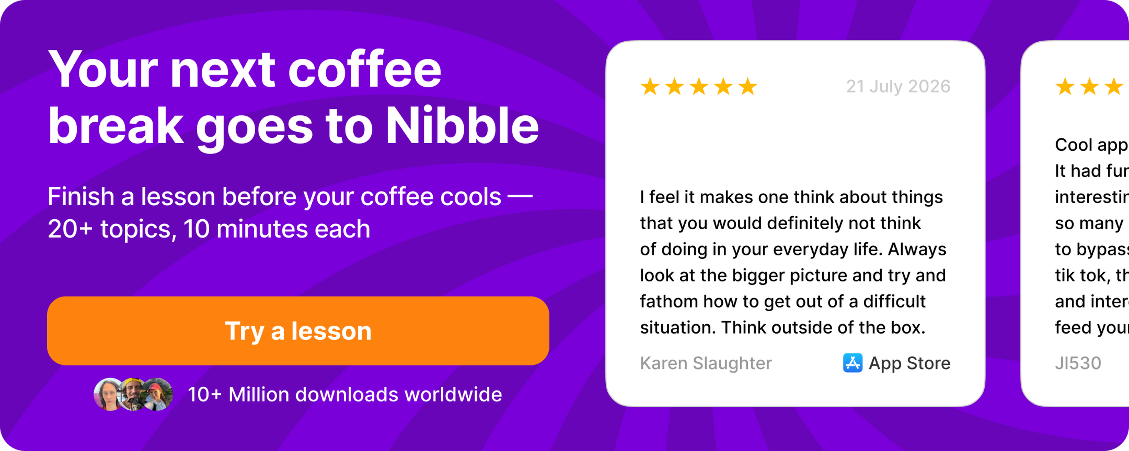 Purple Nibble app banner promoting 10-minute lessons with an orange _Try a lesson_ button, user avatars noting 10+ million downloads, and white App Store review cards with star ratings on a swirl background