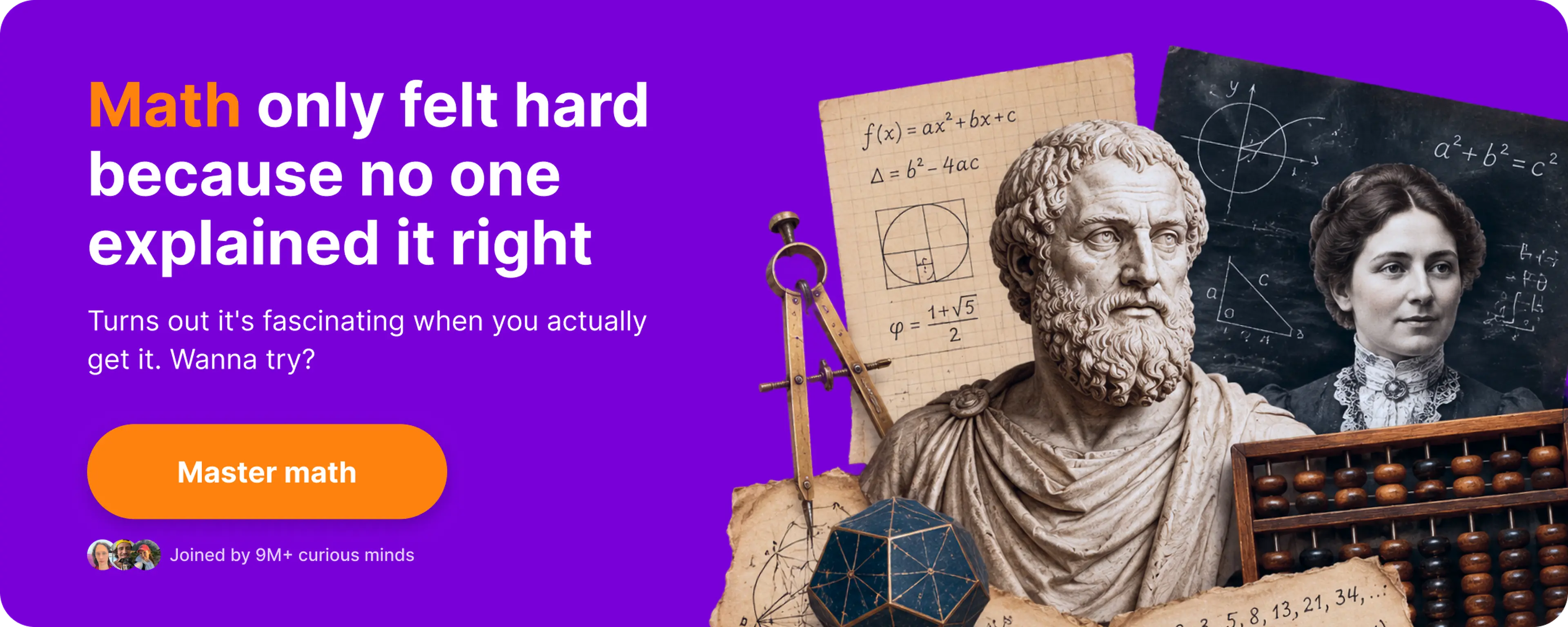 Purple math microlearning app banner featuring a Greek philosopher bust and a Victorian-era woman mathematician beside a chalkboard, abacus, compass, and geometric shapes