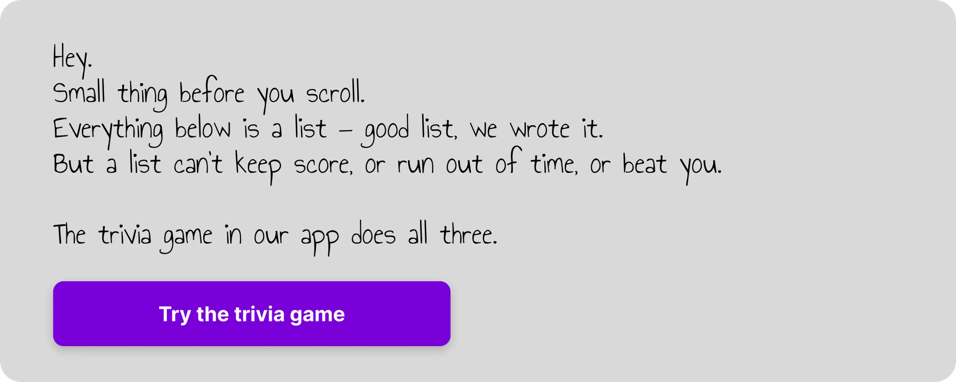 Handwritten note on a grey background inviting readers to try the Nibble Trivia game, with a purple Try the trivia game button below the message