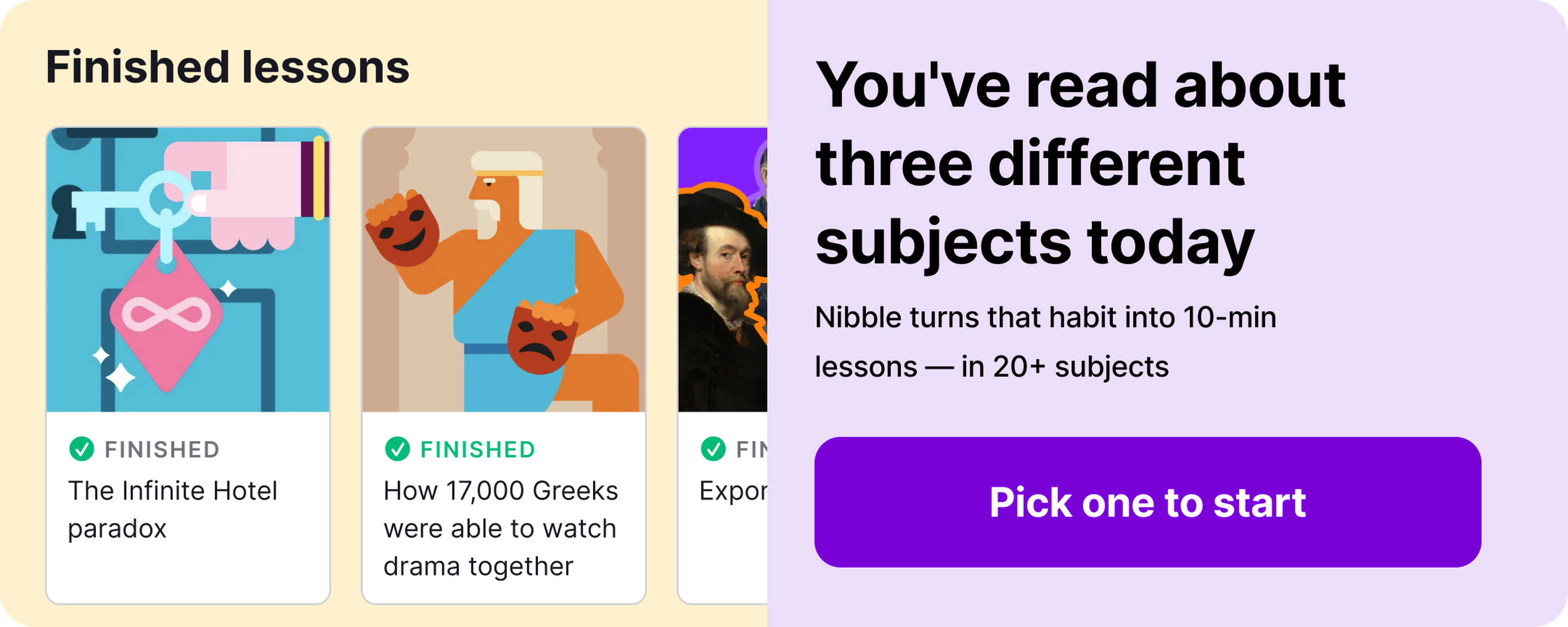Nibble app banner showing finished lesson cards on infinity paradox, Greek theatre masks and a classical portrait beside a purple panel promoting 10-minute lessons in 20+ subjects