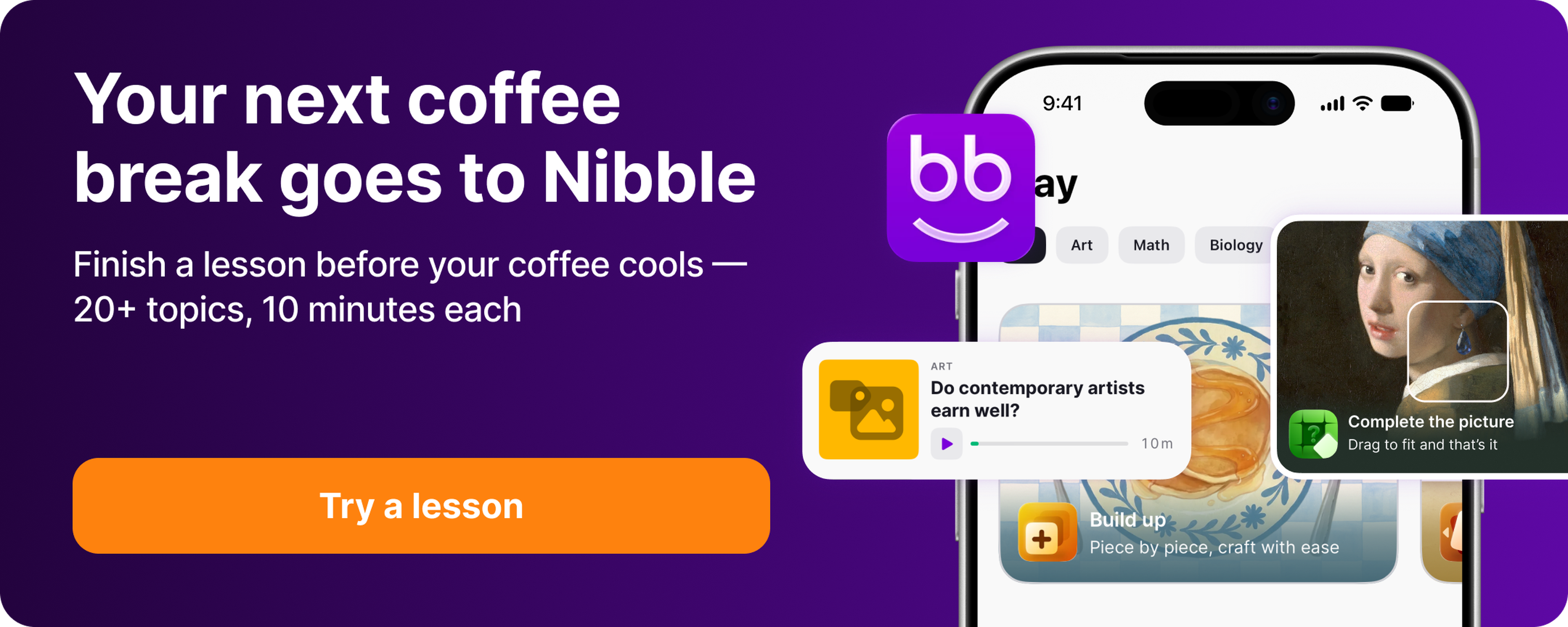 Purple Nibble app banner promoting 10-minute lessons with an orange _Try a lesson_ button, smartphone showing art and math topics, audio lesson card and Vermeer's Girl with a Pearl Earring puzzle