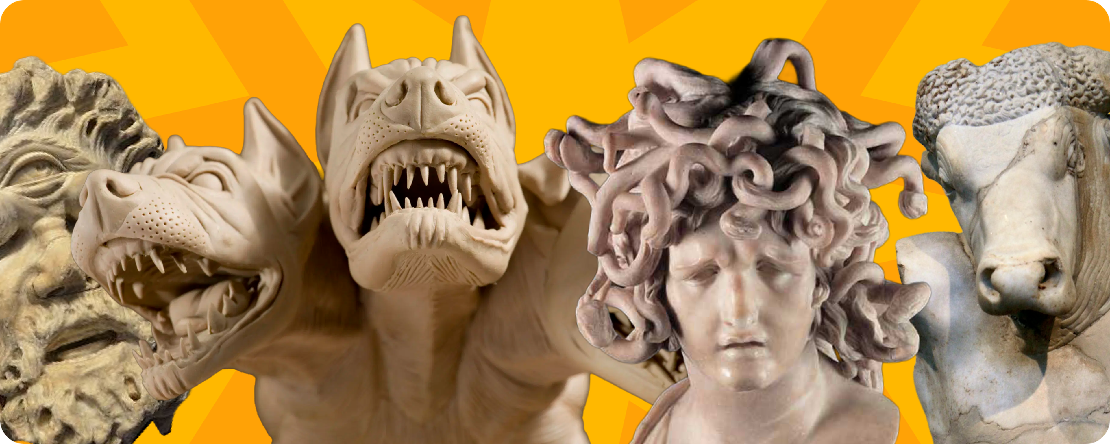 Collage of Greek mythology monster sculptures, including a snarling Cerberus with multiple dog heads, Medusa's snake-covered marble head and a Minotaur bull, set against a bright orange background