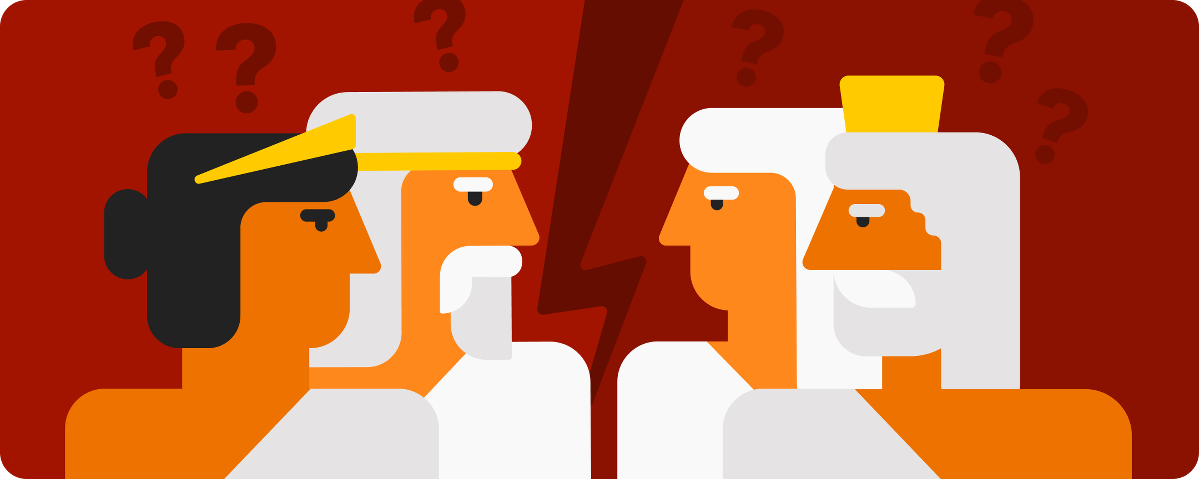 Flat illustration of two groups of people facing each other across a lightning bolt split on a red background, question marks above their heads, showing confusion over a Nibble conversation