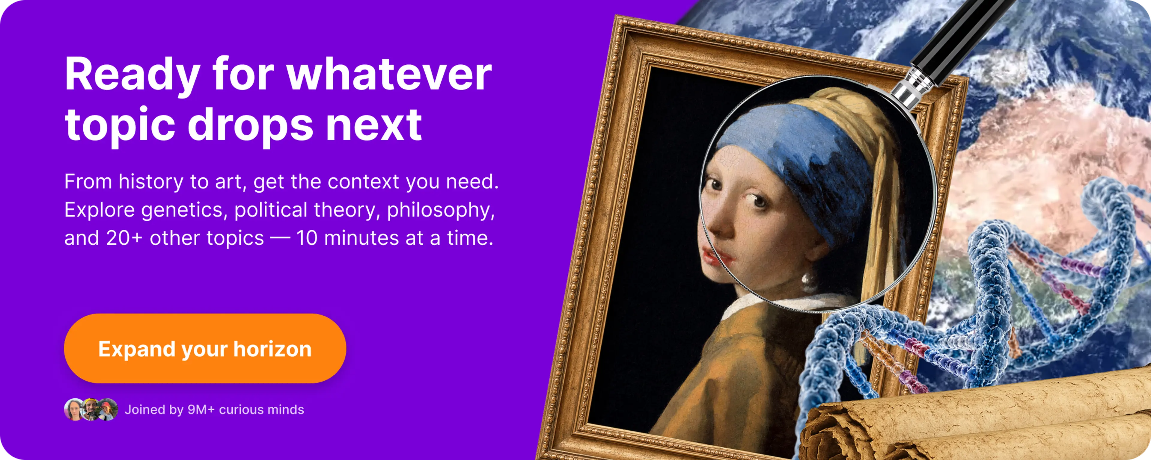 Nibble app banner showing Girl with a Pearl Earring in a golden frame, a DNA helix, and Earth from space on a purple background — multi-topic microlearning