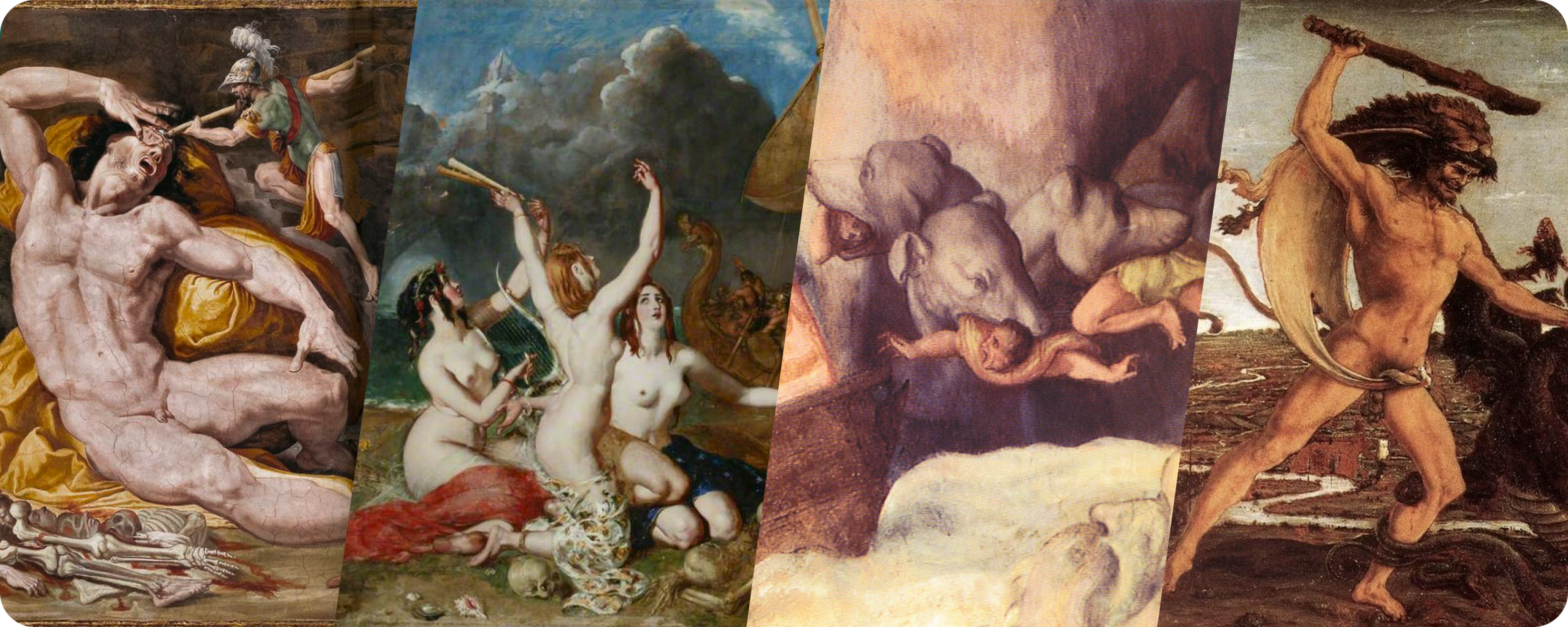 Collage of four classical mythology paintings showing Odysseus blinding the cyclops Polyphemus, sirens luring sailors, Scylla devouring a victim, and Hercules with a club battling the Hydra