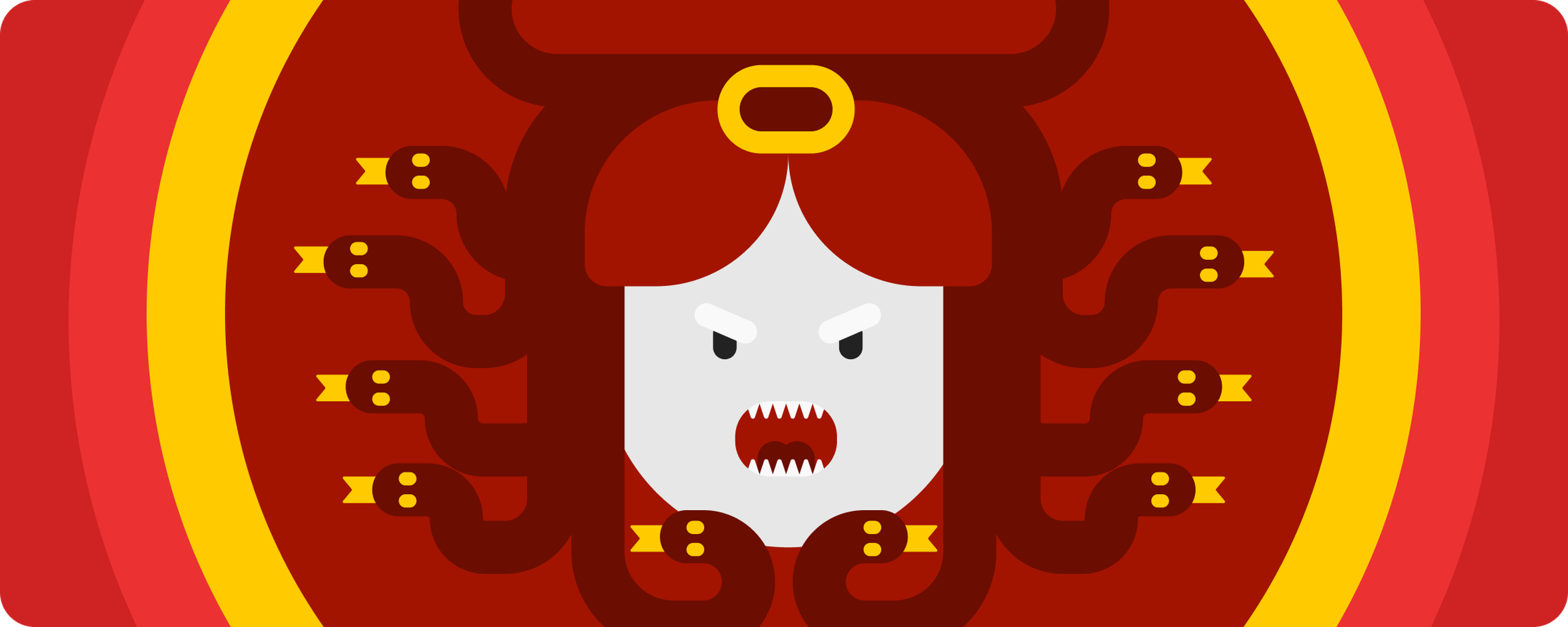 Flat illustration of an angry Medusa-like creature with a pale face, fanged mouth and dark snakes ready to nibble, framed by concentric red and yellow arches on a deep red background