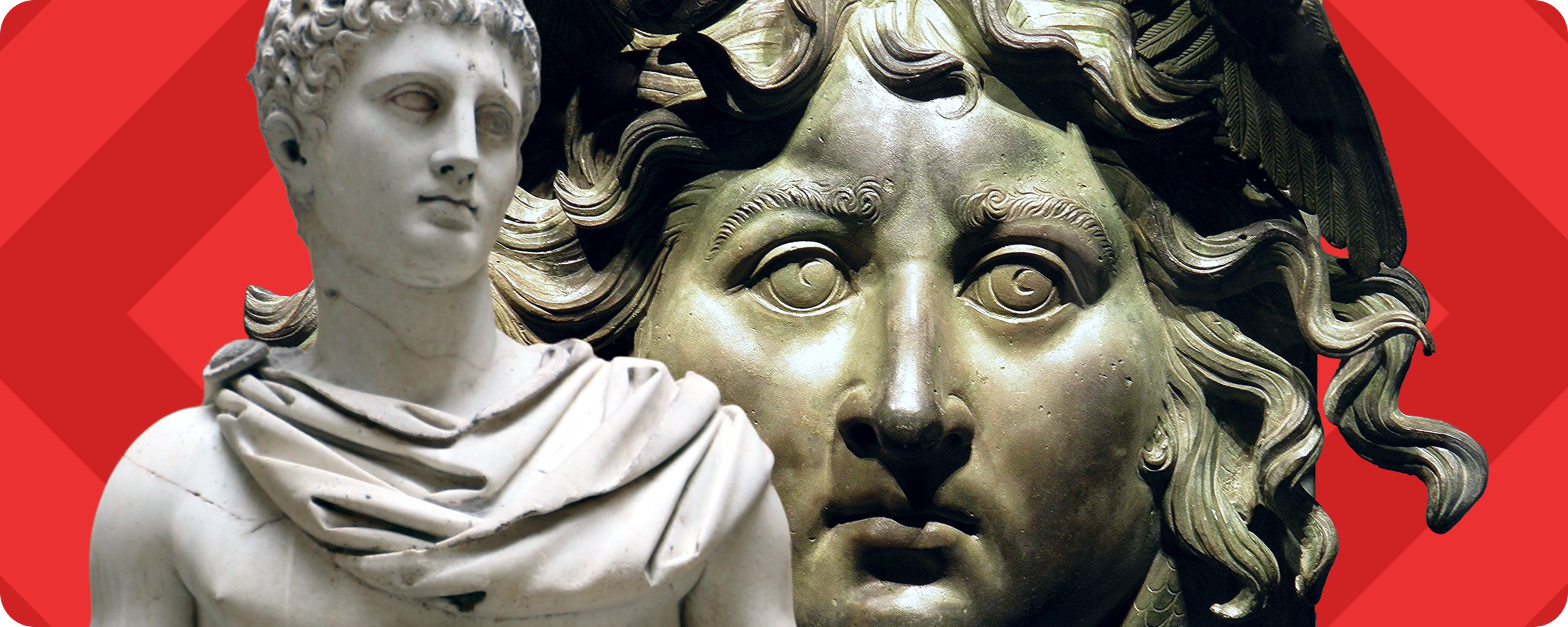 Marble statue of Greek hero Perseus beside a bronze Medusa head with serpentine hair, set against a red geometric background illustrating Greek mythology stories in the Nibble app