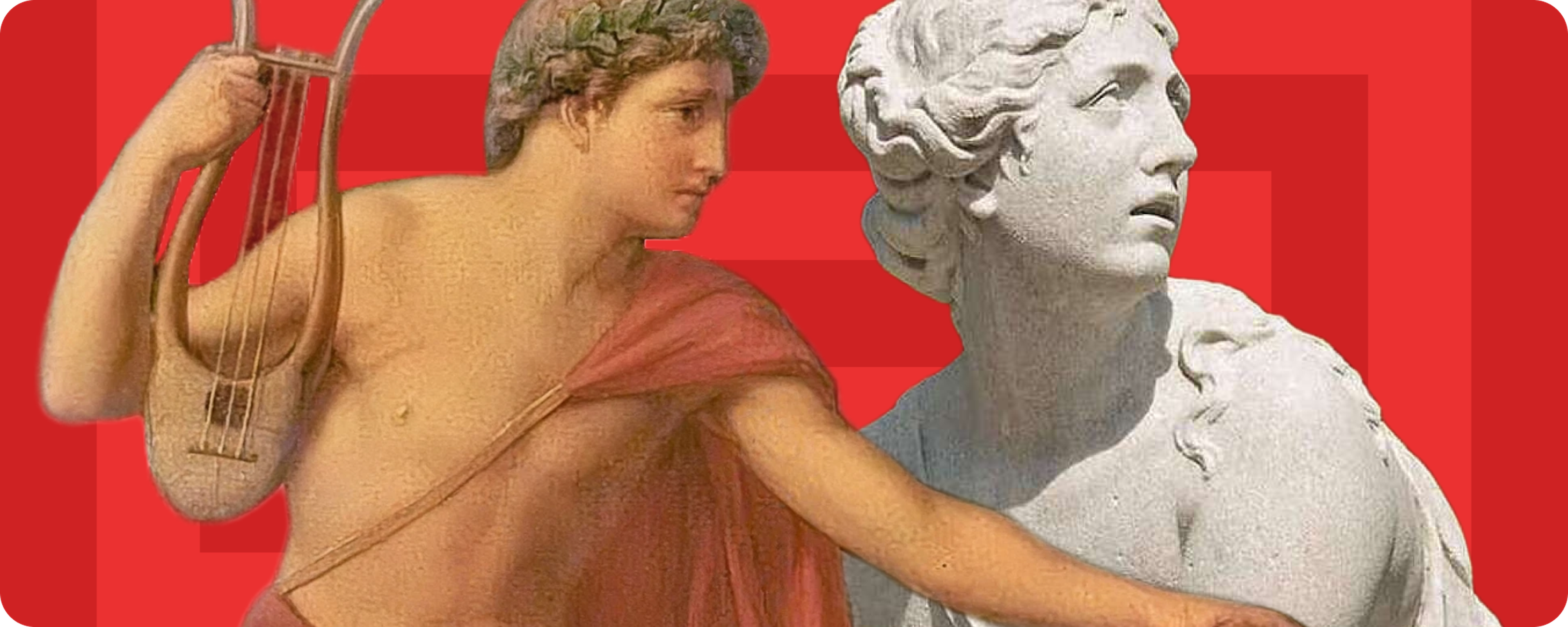 Collage of Orpheus holding a lyre in a red robe reaching toward a white marble sculpture of Eurydice, set against a bold red background with layered geometric shapes