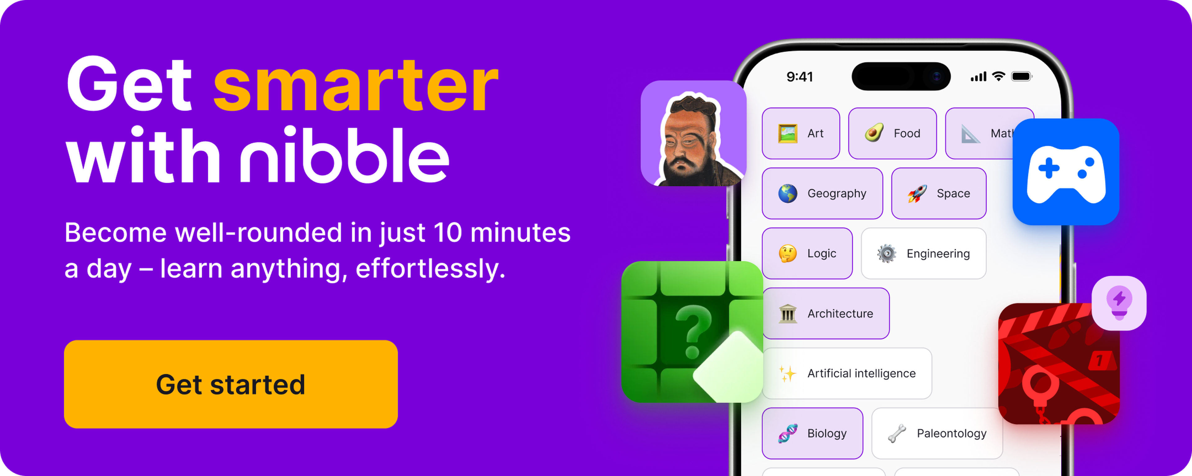 Purple Nibble app banner with a yellow Get started button and a smartphone showing learning cards on art and the divine proportion, framed by quiz, game controller and idea icons