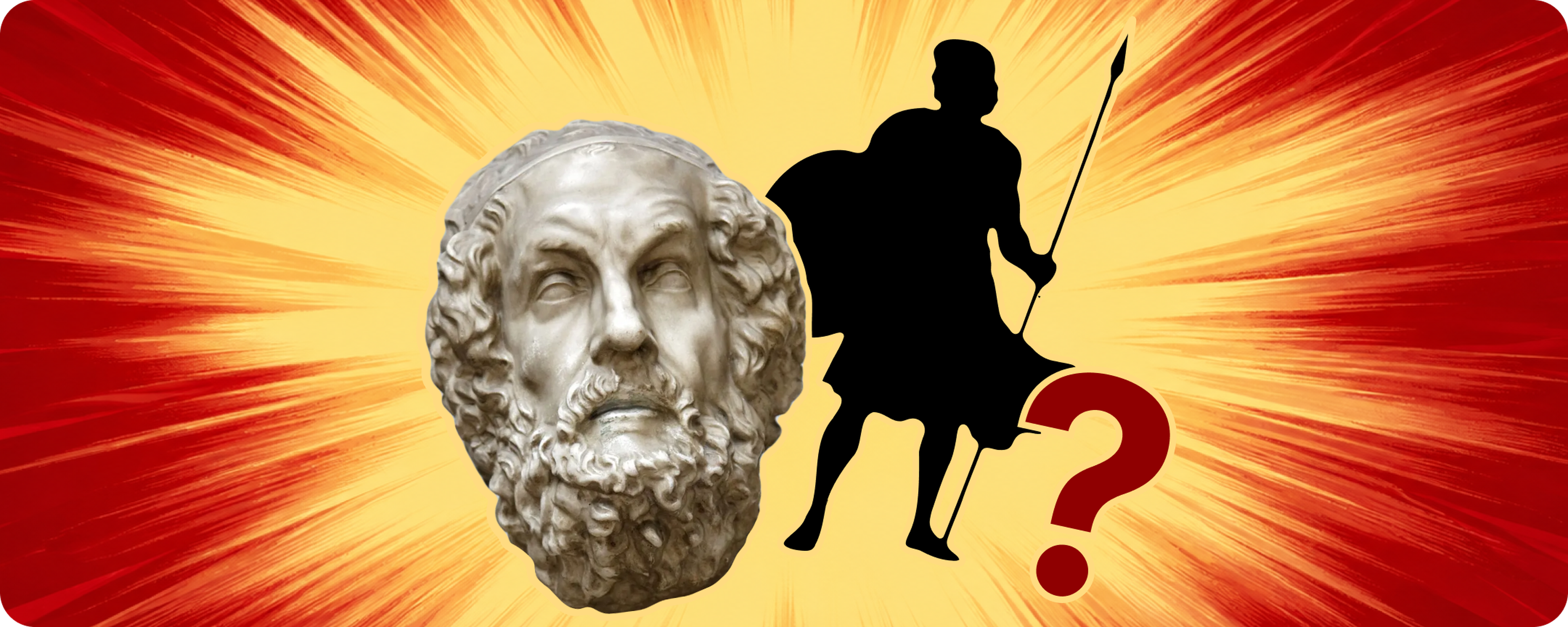 Marble bust of the poet Homer beside a black silhouette of a Greek warrior with spear and a red question mark, set against a radiant red and yellow burst background for a Nibble history lesson